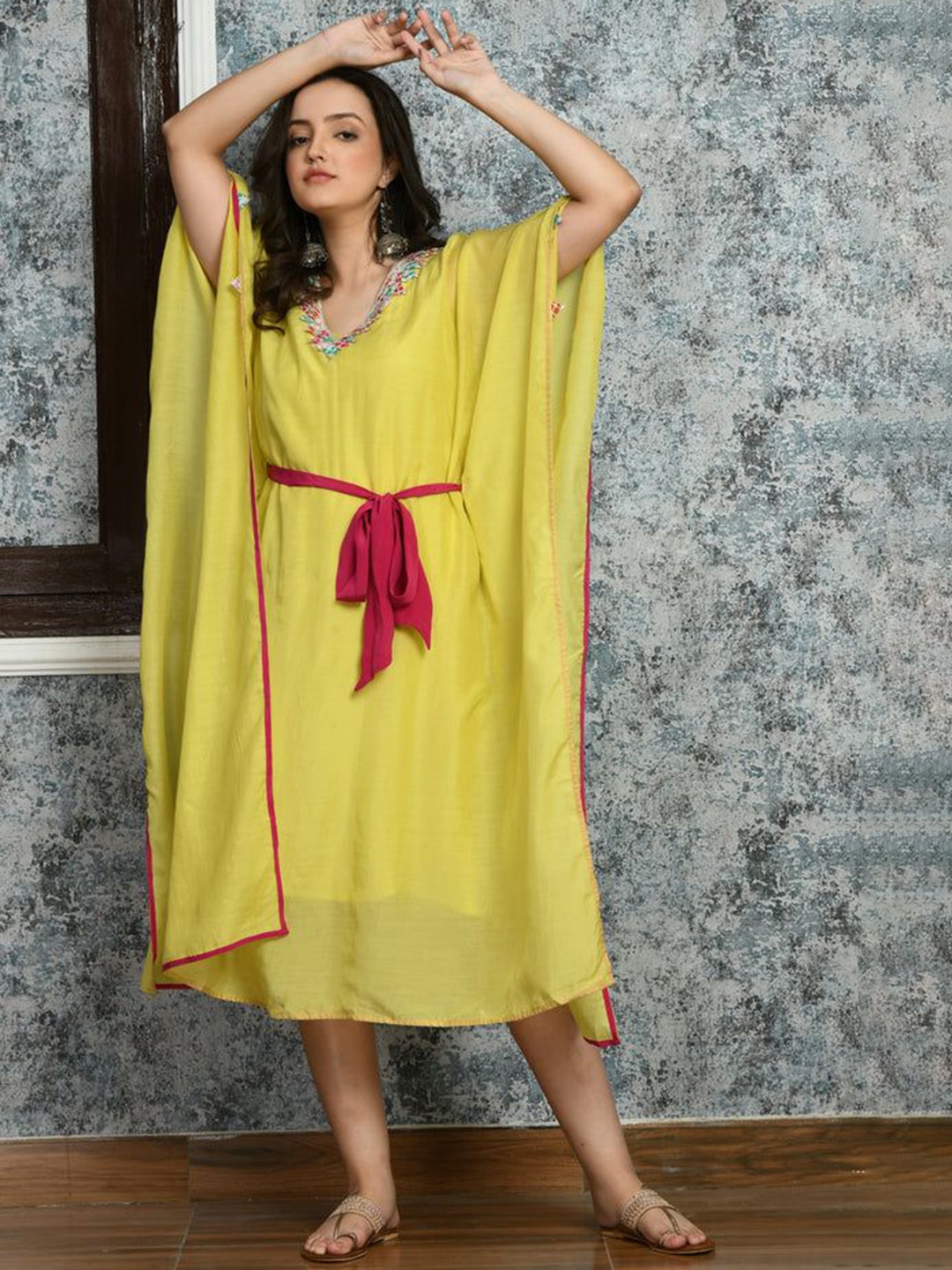 

SEEDS OF FUSION Slit Sleeve A-Line Dress, Yellow