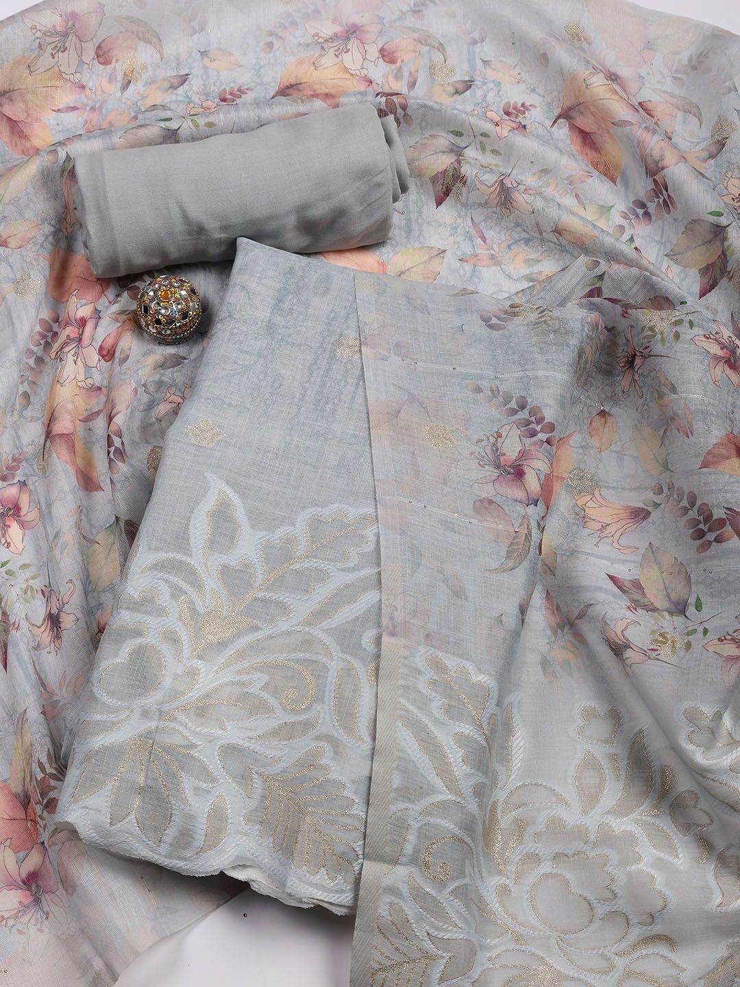 

Meena Bazaar Floral Woven Design Linen Unstitched Dress Material, Grey