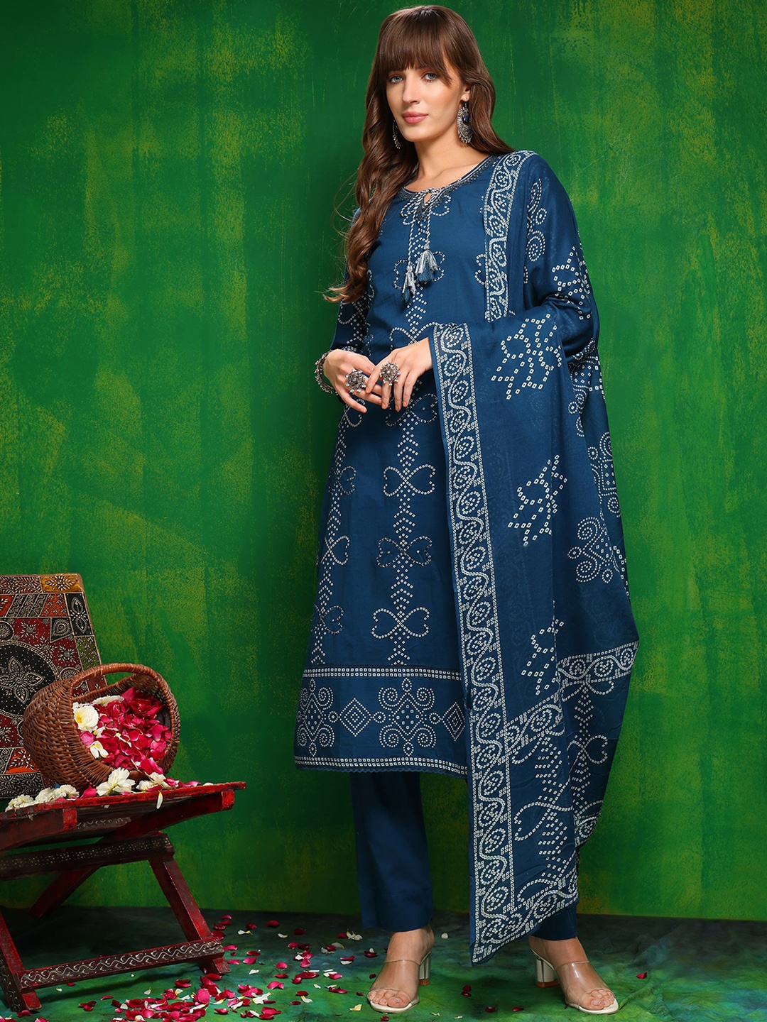 

KALINI Bandhani Printed Tie-Up Neck Pure Cotton Kurta with Trousers & Dupatta, Blue