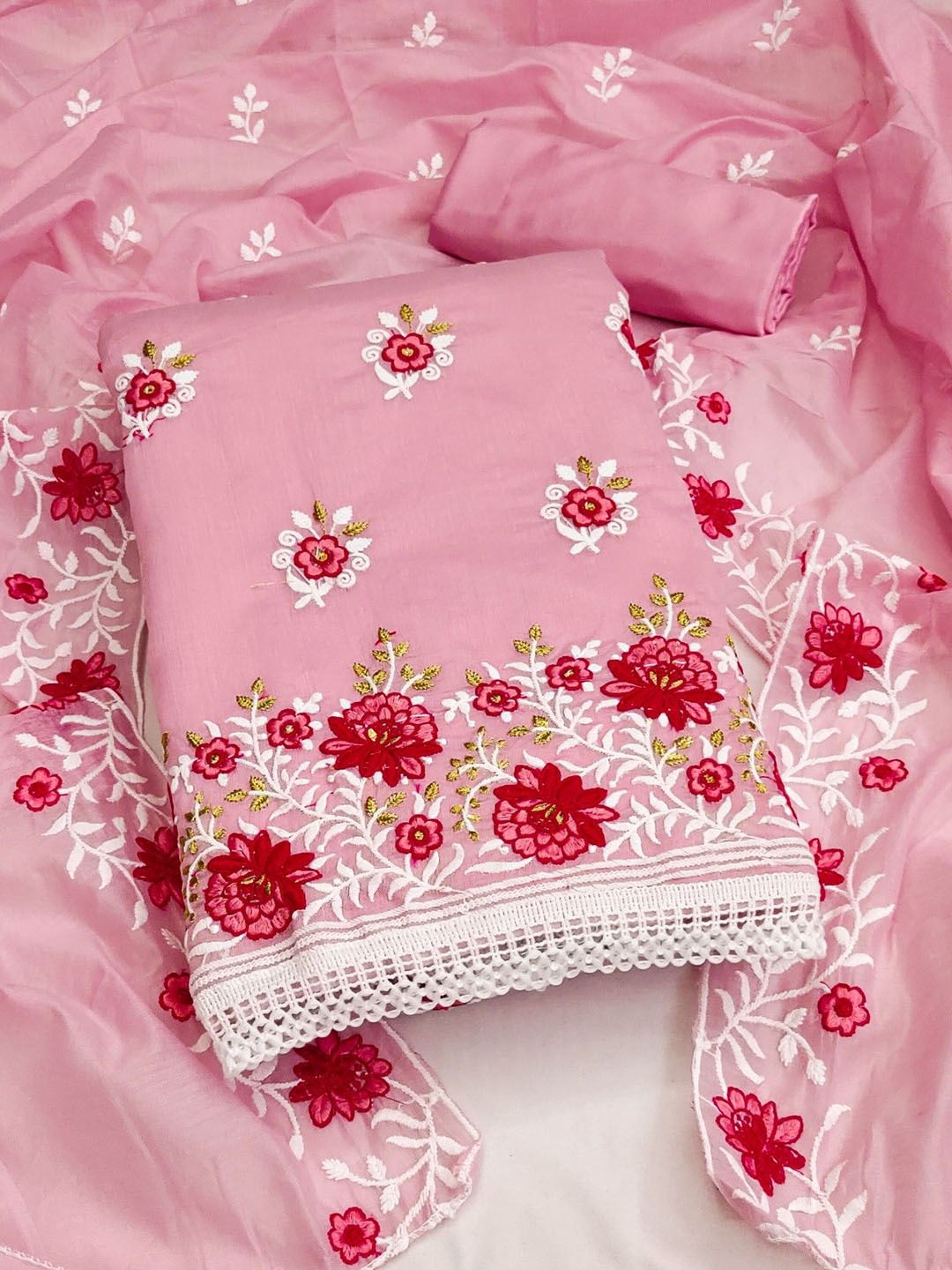 

Rangtulika Floral Embroidered Thread Work Unstitched Dress Material, Pink