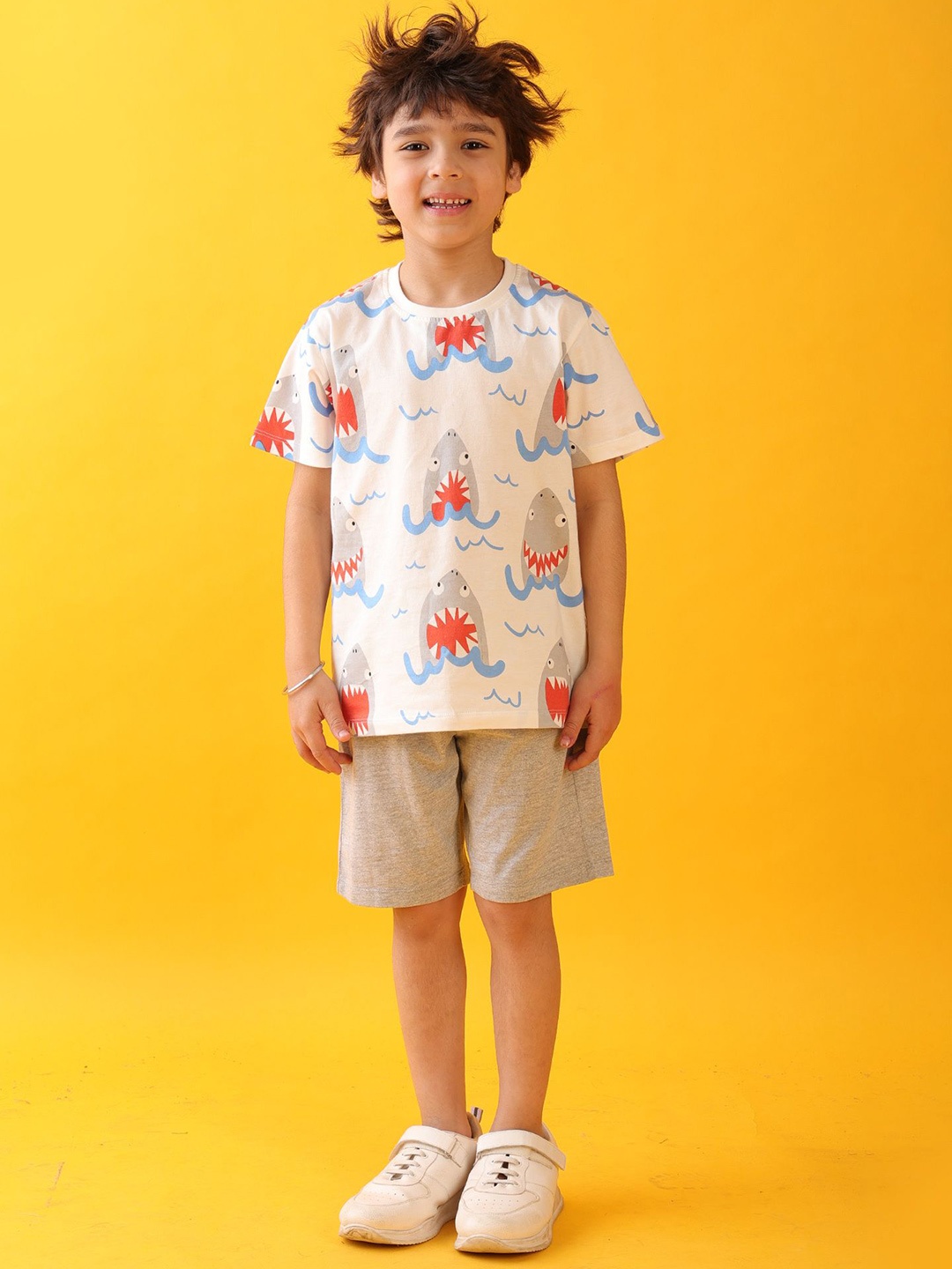 

Anthrilo Boys Animal Graphic Printed Pure Cotton T-shirt with Shorts, Off white