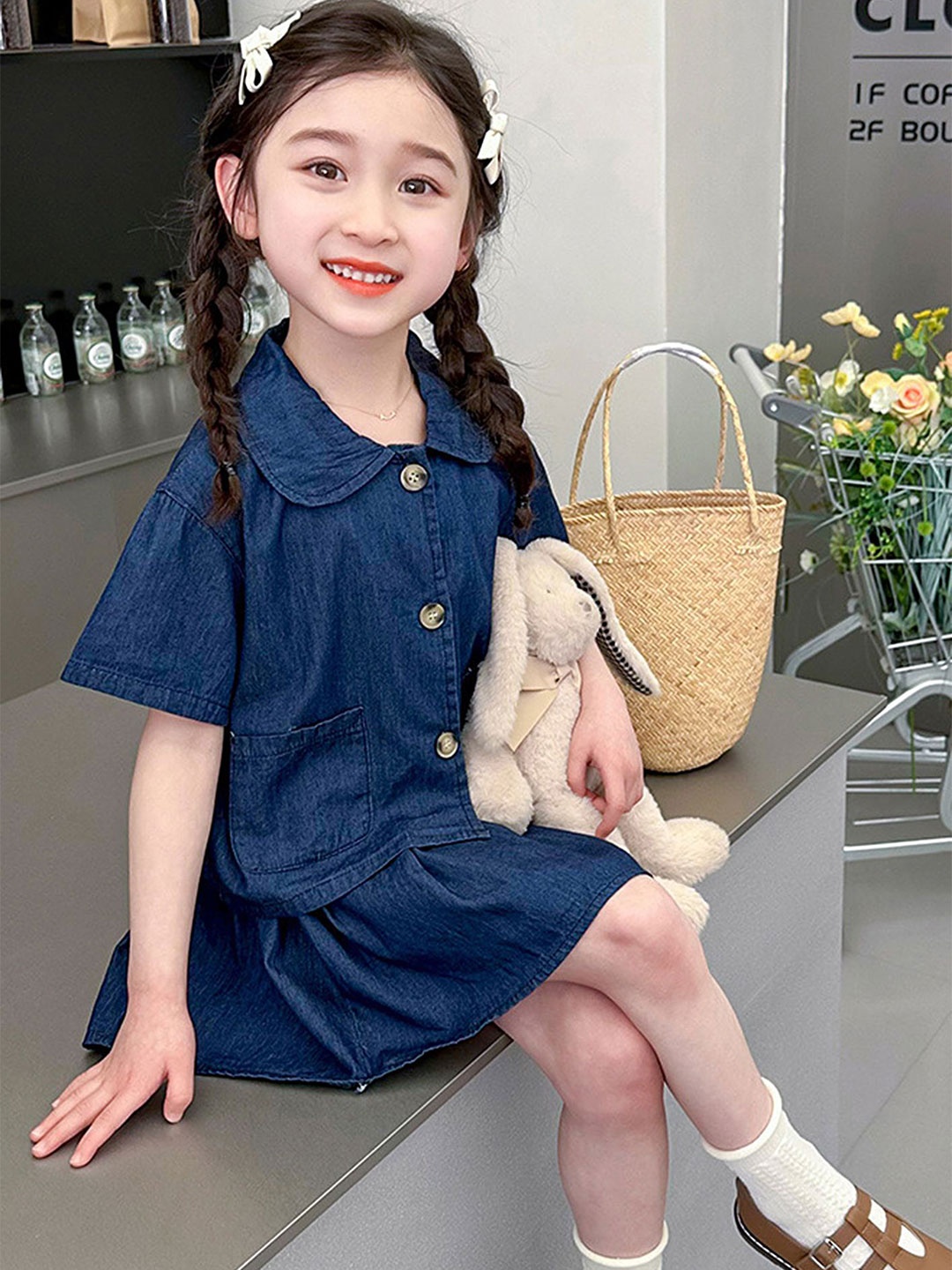 

LULU & SKY Girls Collared Neck Denim Shirt with Skirt, Blue