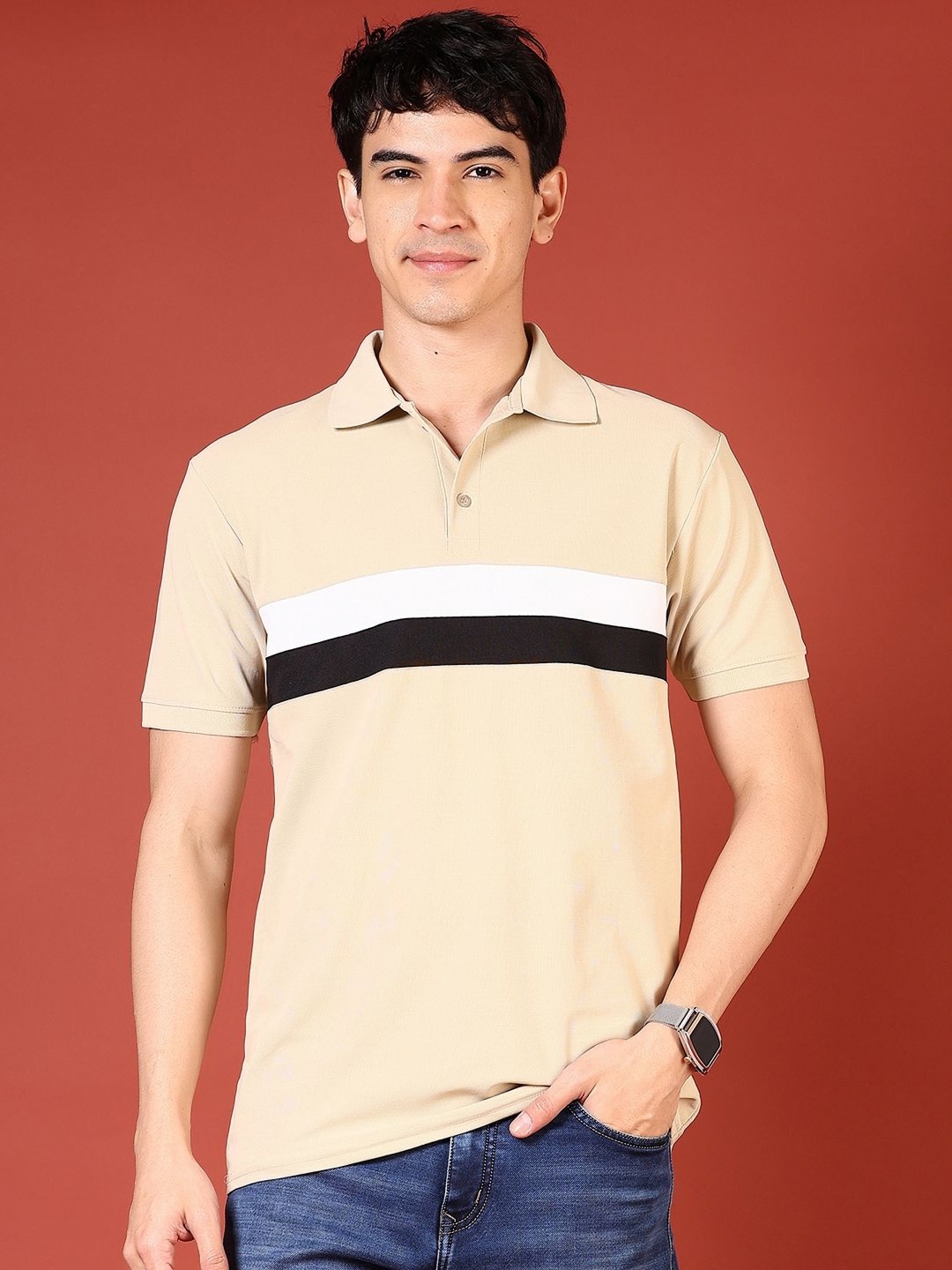 

V-Mart Men Colourblocked Polo Collar Applique Slim Fit T-shirt, Beige