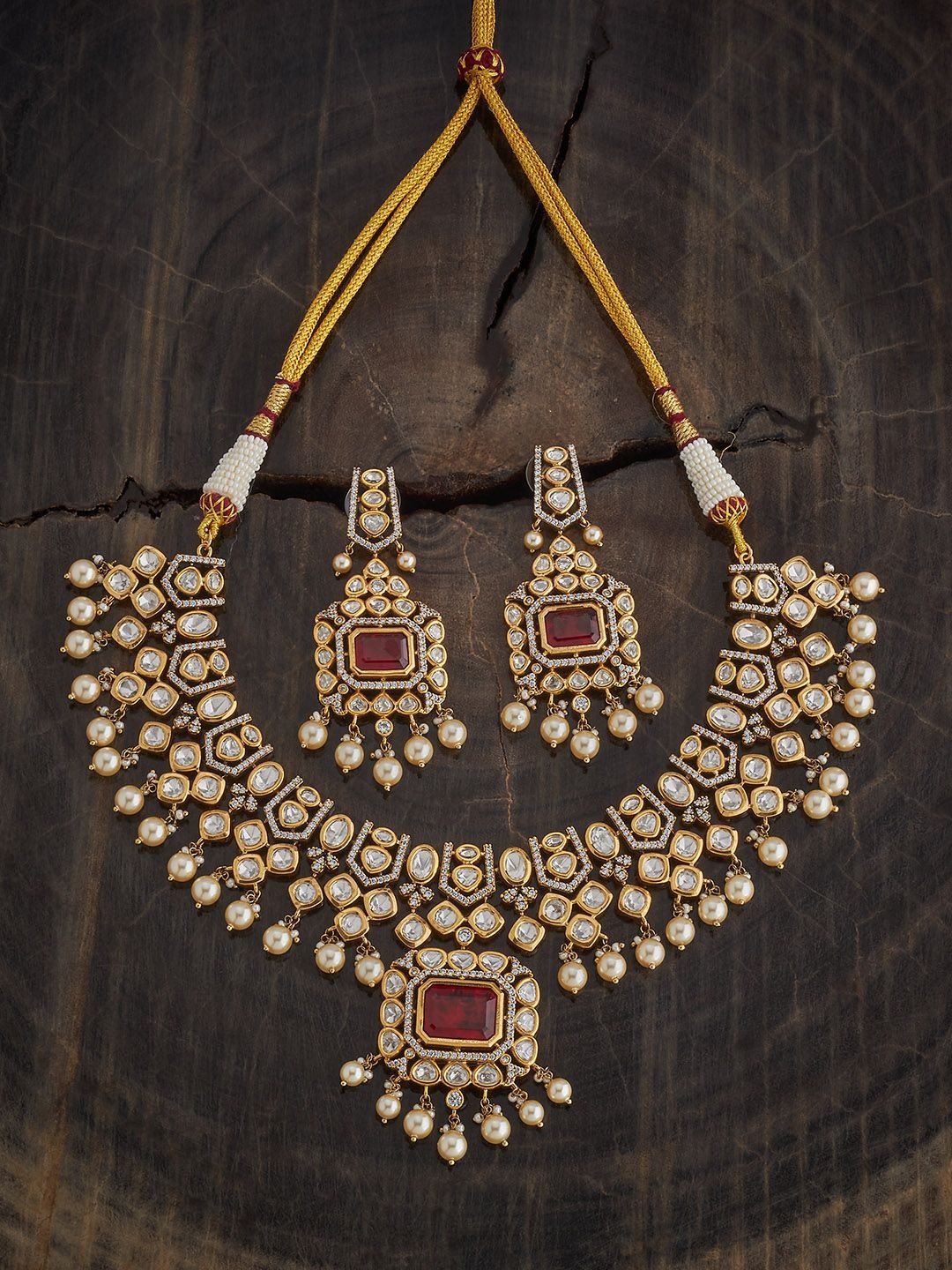 

Kushal's Fashion Jewellery Ruby Victorian Plated Kundan Studded Ethnic Jewellery Set, Gold