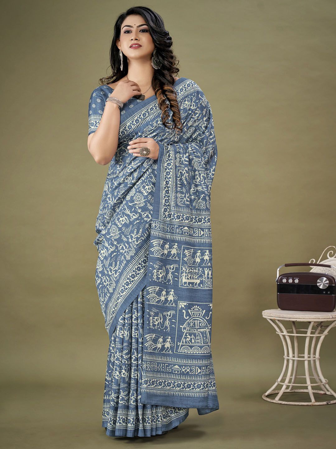 

Anouk Rustic Warli Silk Blend Bagh Saree, Blue