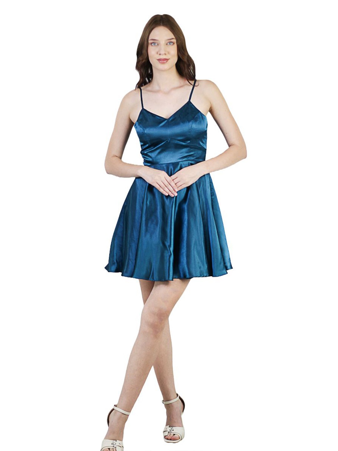 

ARTYSKA Satin Fit & Flare Mini Dress, Turquoise blue