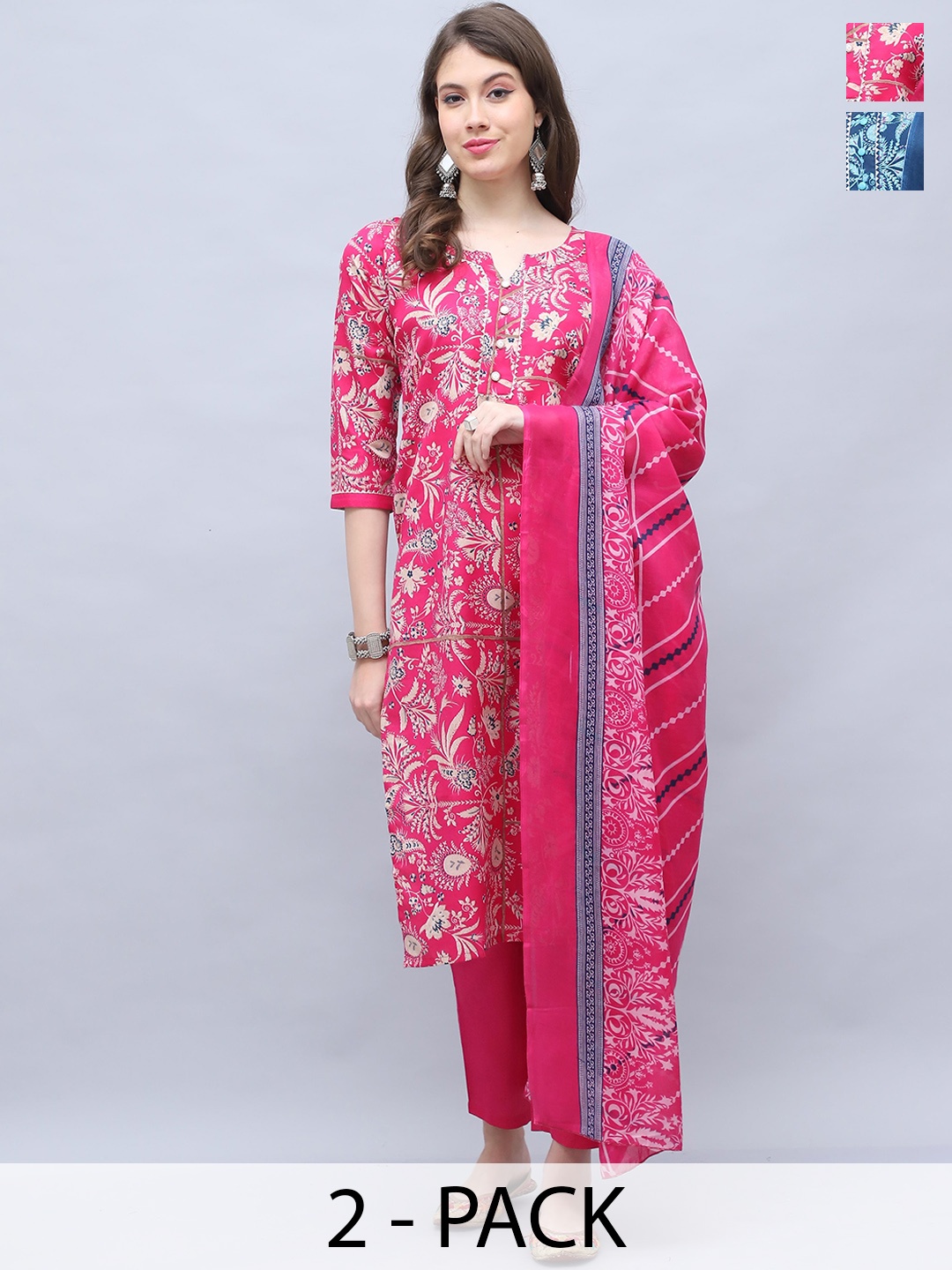 

KALINI Women Floral Printed Regular Kurta with Trousers & With Dupatta, Navy blue