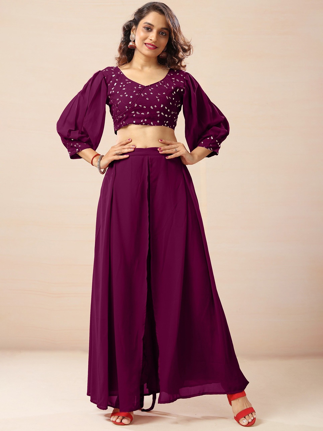 

SANCIA Ethnic Motifs Embroidered Sequinned Top with Palazzos, Purple