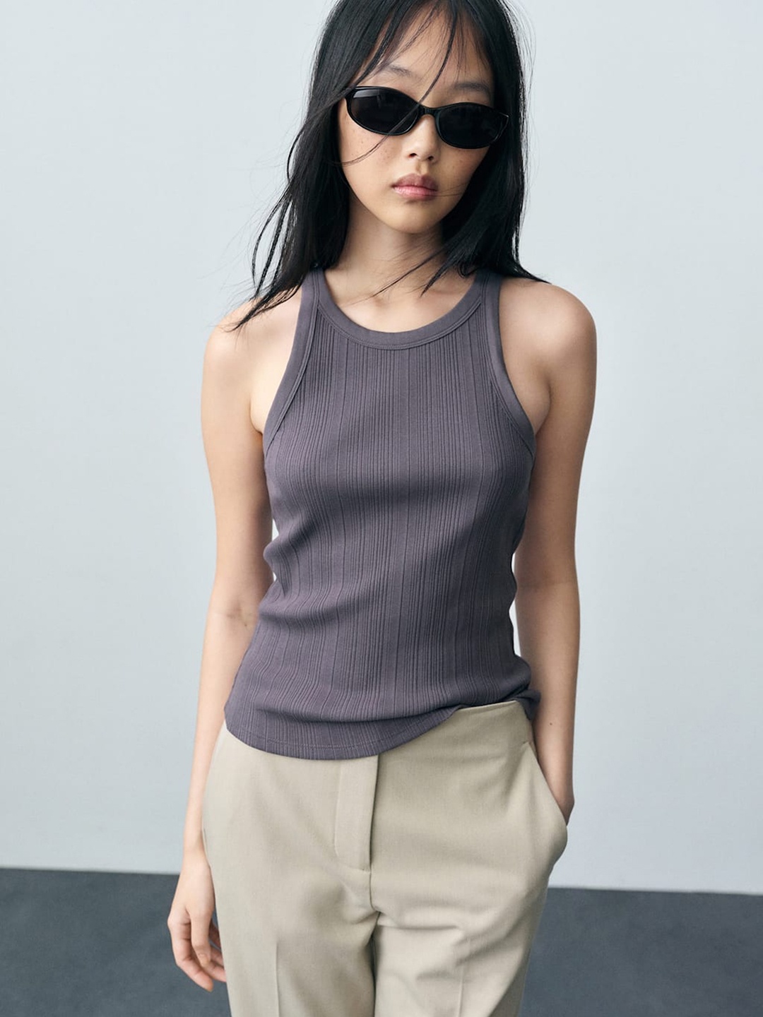 

MANGO Fine Ribbed Knit Tank Top, Charcoal
