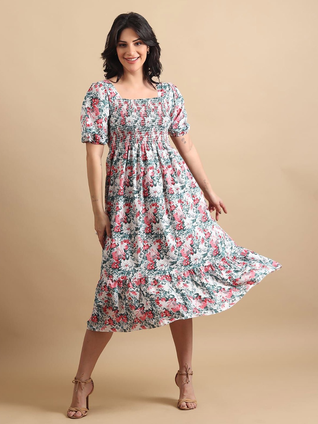 

CROWN CREATION Floral Print Puff Sleeve Crepe Fit & Flare Midi Dress, White