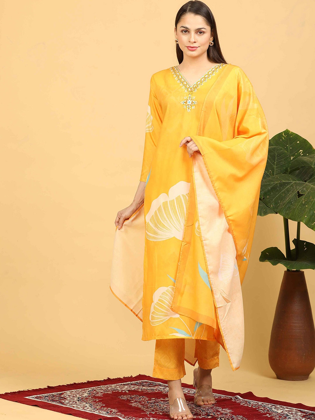 

GOLDSTROMS Floral Printed Embroidered Linen Straight Kurta With Trousers & Dupatta, Yellow