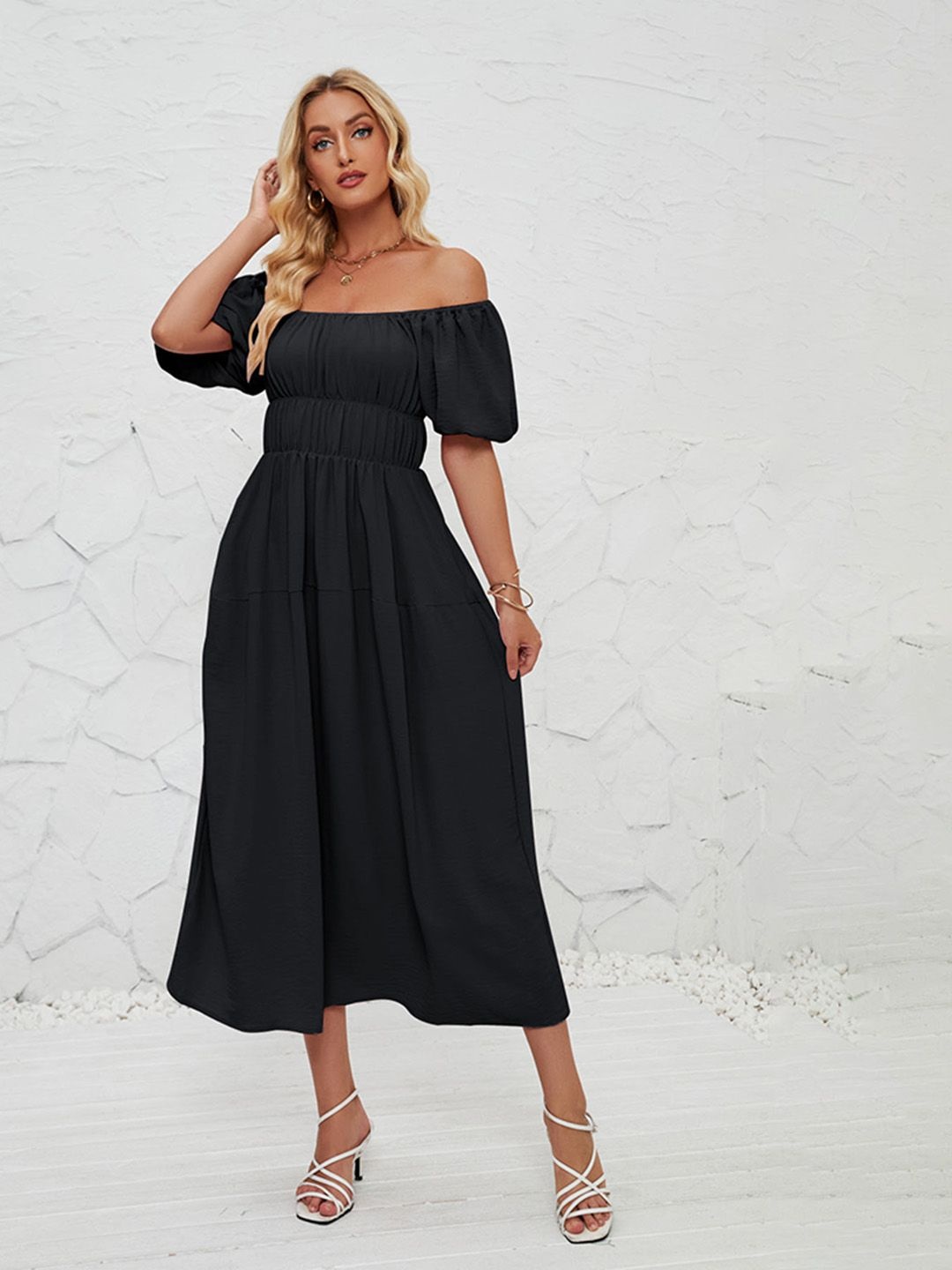 

JC Mode Off-Shoulder Fit & Flare Midi Dress, Black