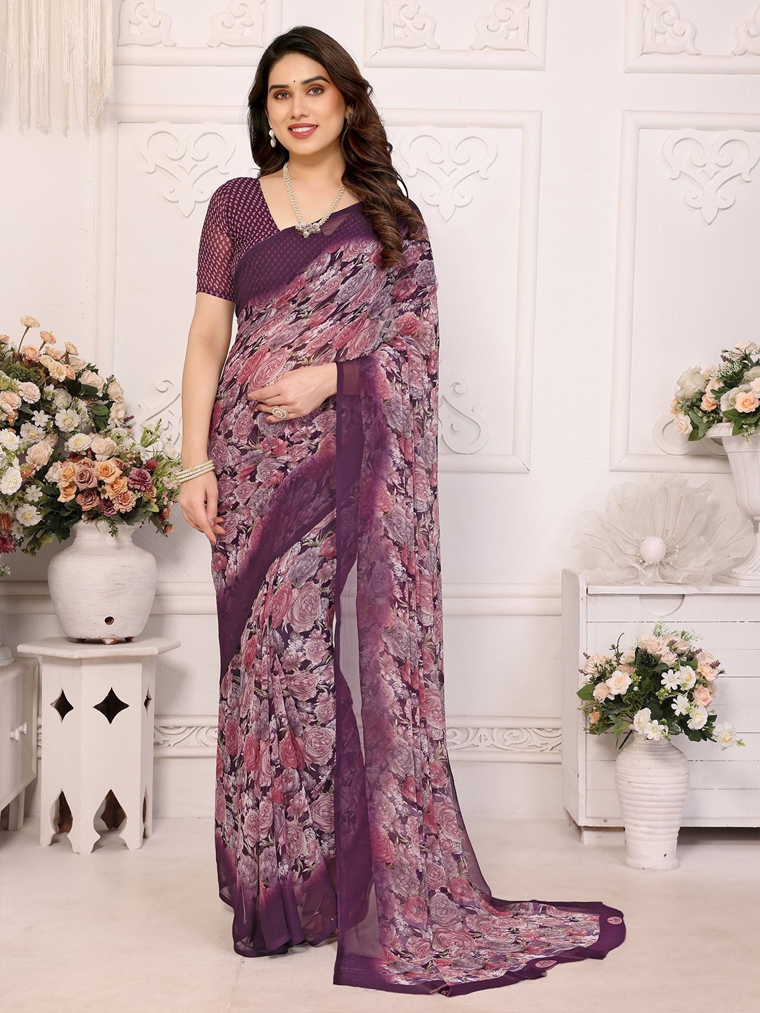 

Moda Rapido Floral Pure Georgette Saree, Pink