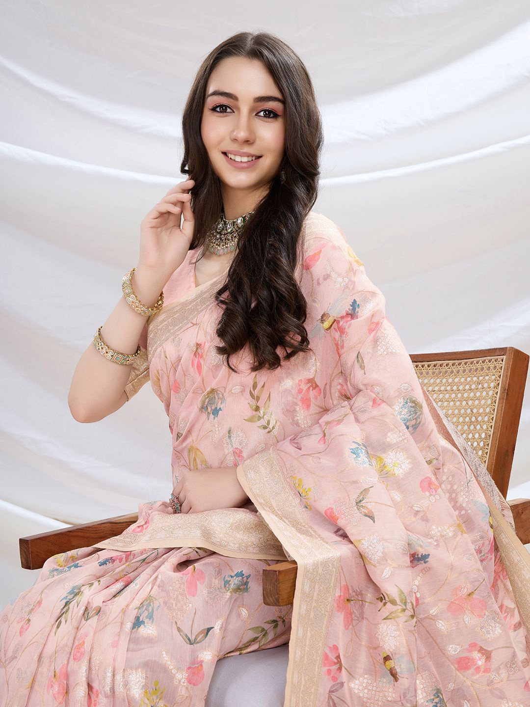 

Ishin Floral Zari Pure Cotton Saree, Pink