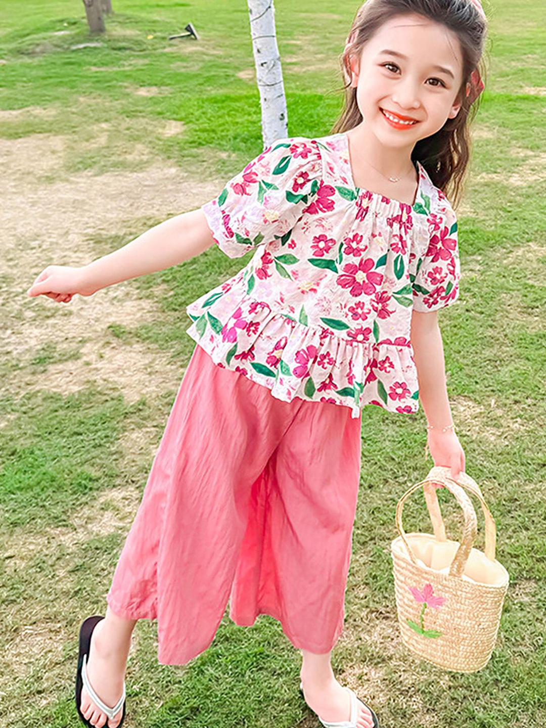 

LULU & SKY Girls Printed Square Neck Top With Trousers, Pink