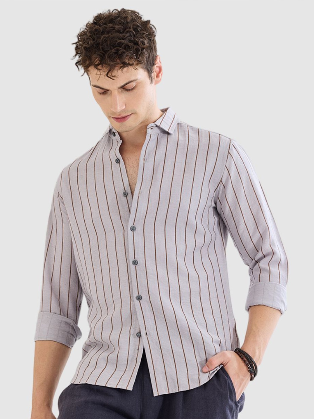 

Snitch Men Smart Slim Fit Opaque Striped Casual Shirt, Grey