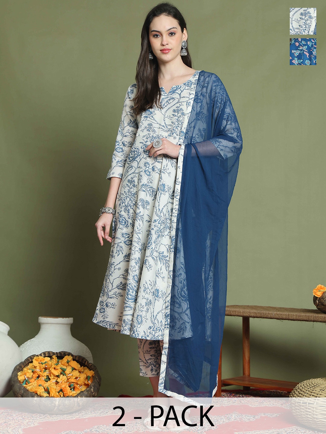 

KALINI Women Floral Printed Regular Kurta with Trousers & With Dupatta, Off white