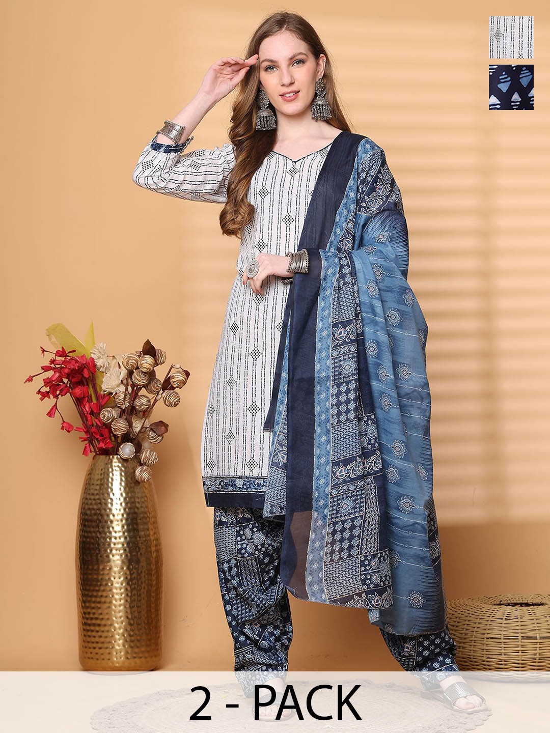 

KALINI Selection Of 2 Geometric Printed Sweetheart Neck Kurta With Salwar & Dupatta, White