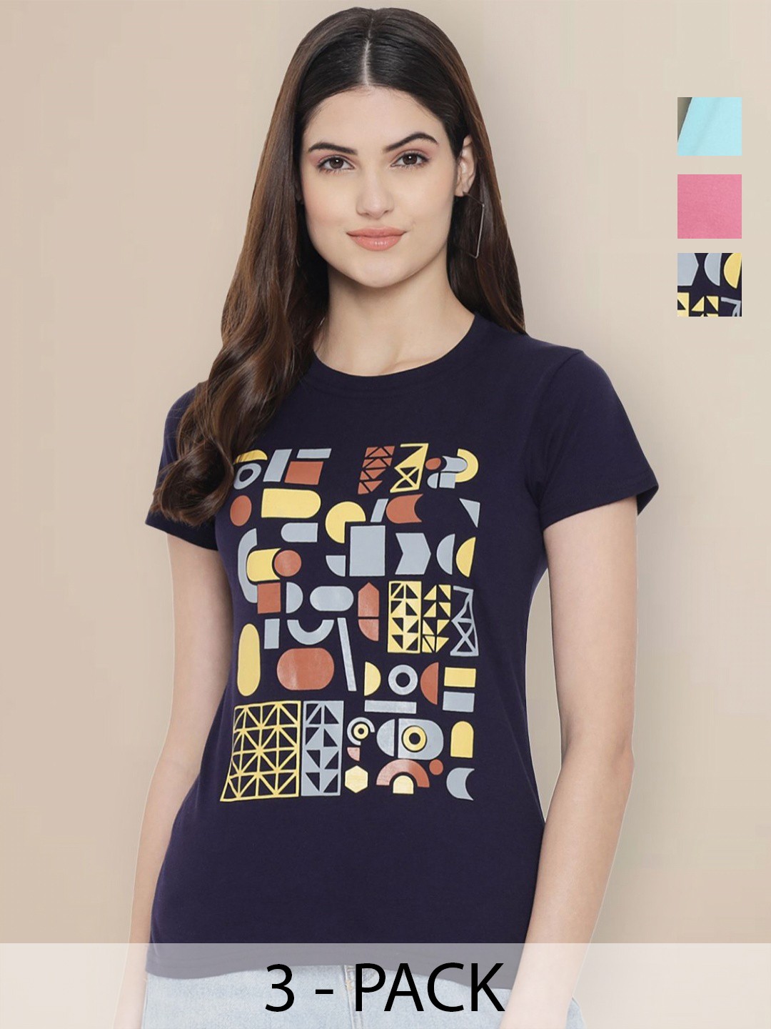 

Metronaut Women Pack of 3 Looney Tunes Graphic Printed Round Neck Cotton T-shirts, Navy blue