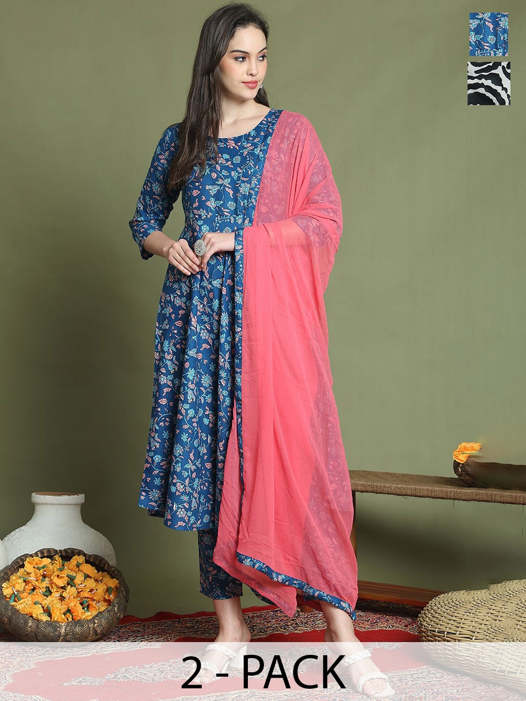 

Rajnandini Women Floral Printed Regular Kurta with Trousers & With Dupatta, Blue