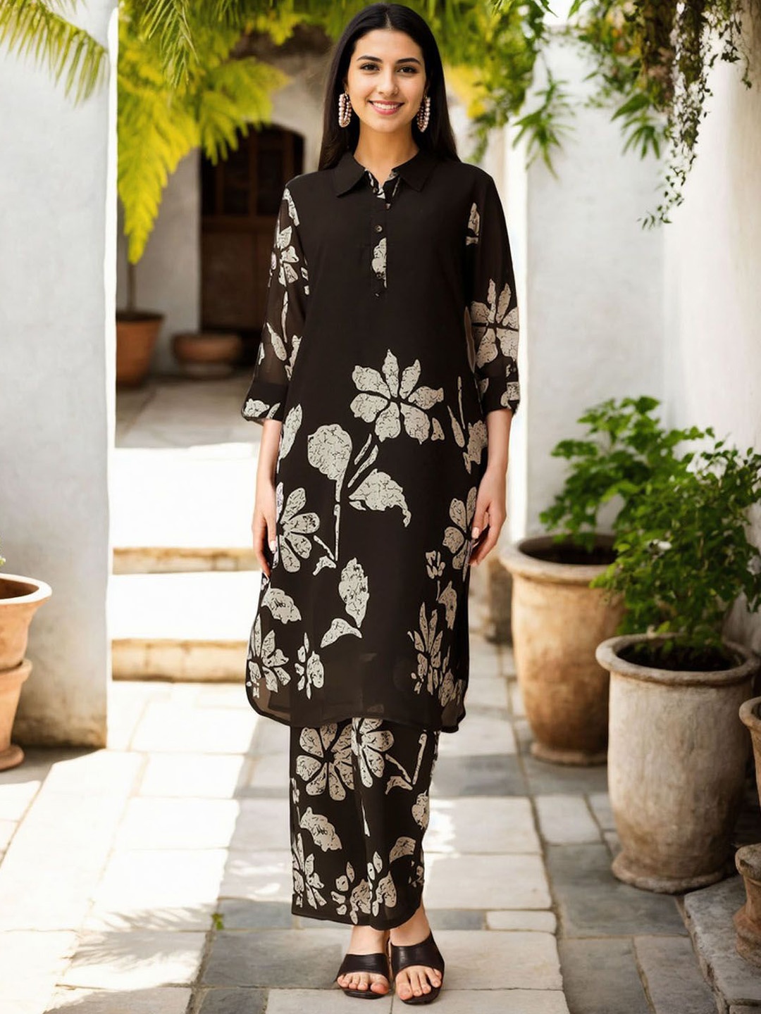 

Moda Rapido Floral Printed Shirt Collar Kurta With Palazzos, Black