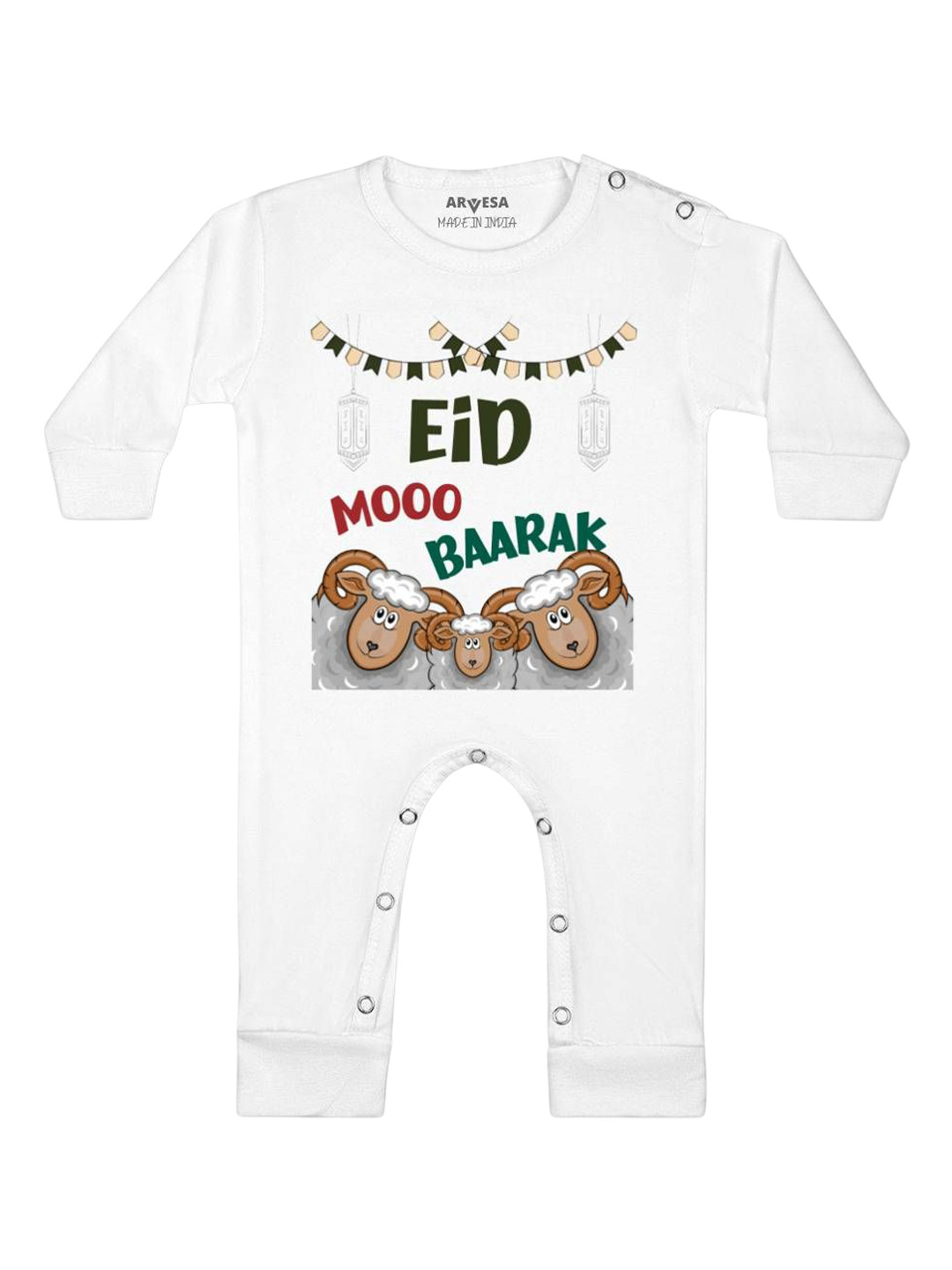 

Arvesa Eid Mooo Baarak Printed Baby Romper, White