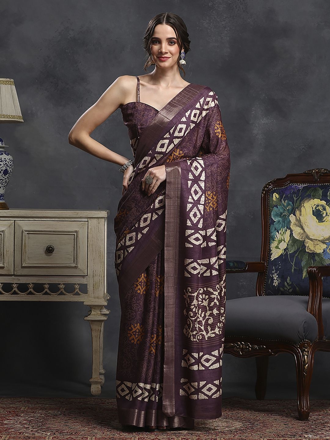 

Anouk Rustic Bandhani Zari Silk Blend Sungudi Saree, Purple