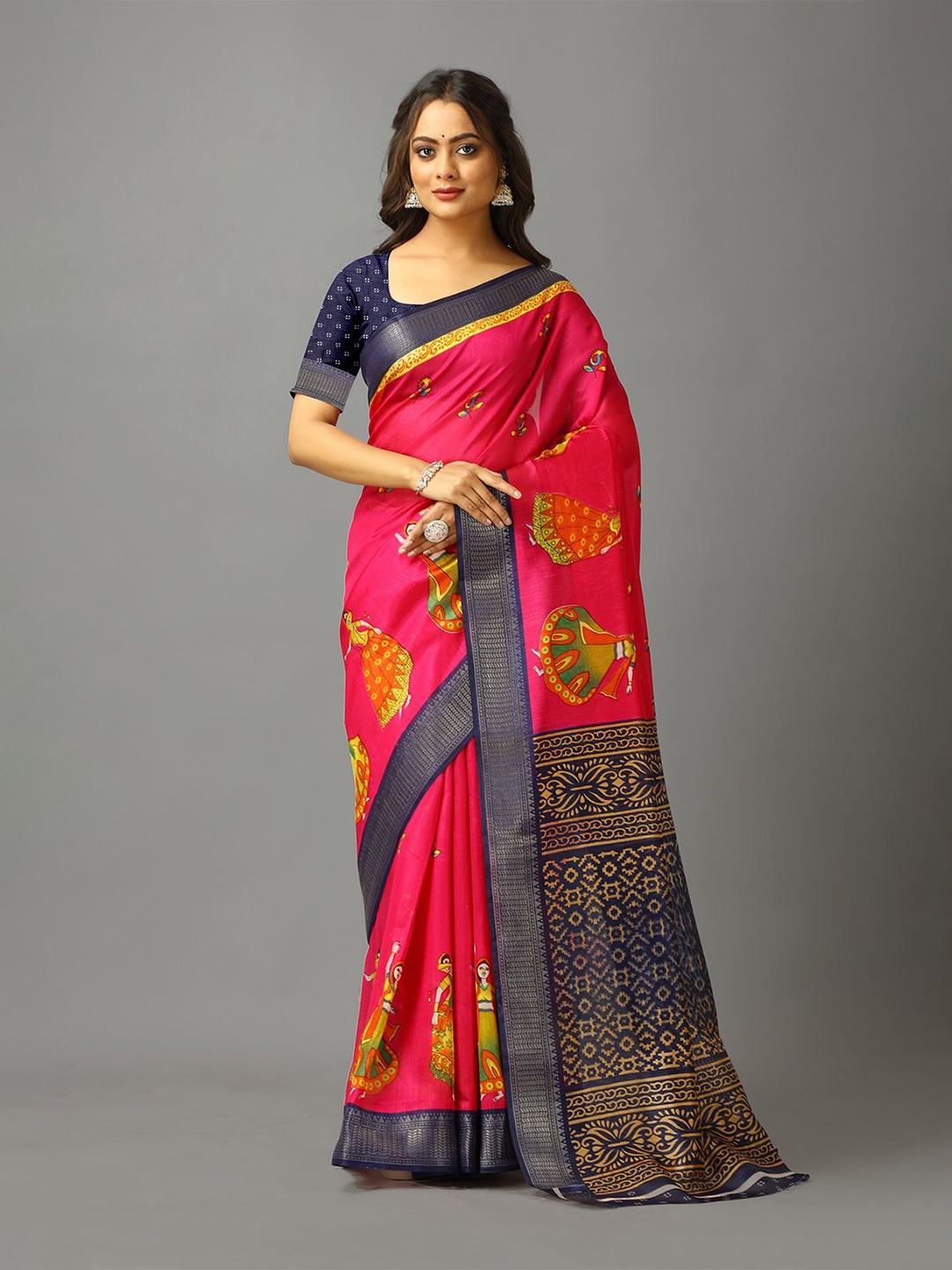 

VIRENDRA TEXTILES Ethnic Motifs Zari Saree, Pink