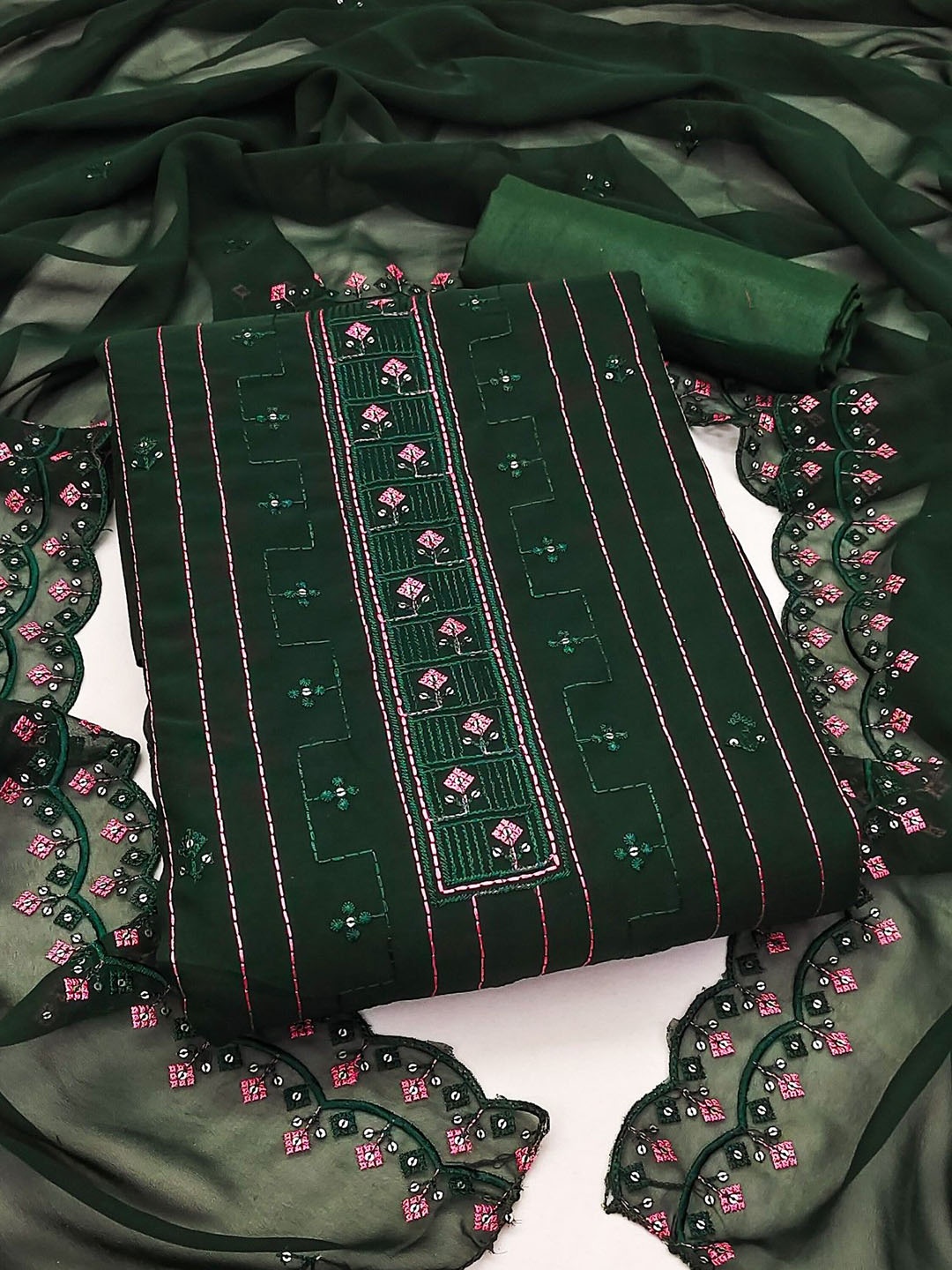 

Rangtulika Ethnics Geometric Embroidered Unstitched Dress Material, Green