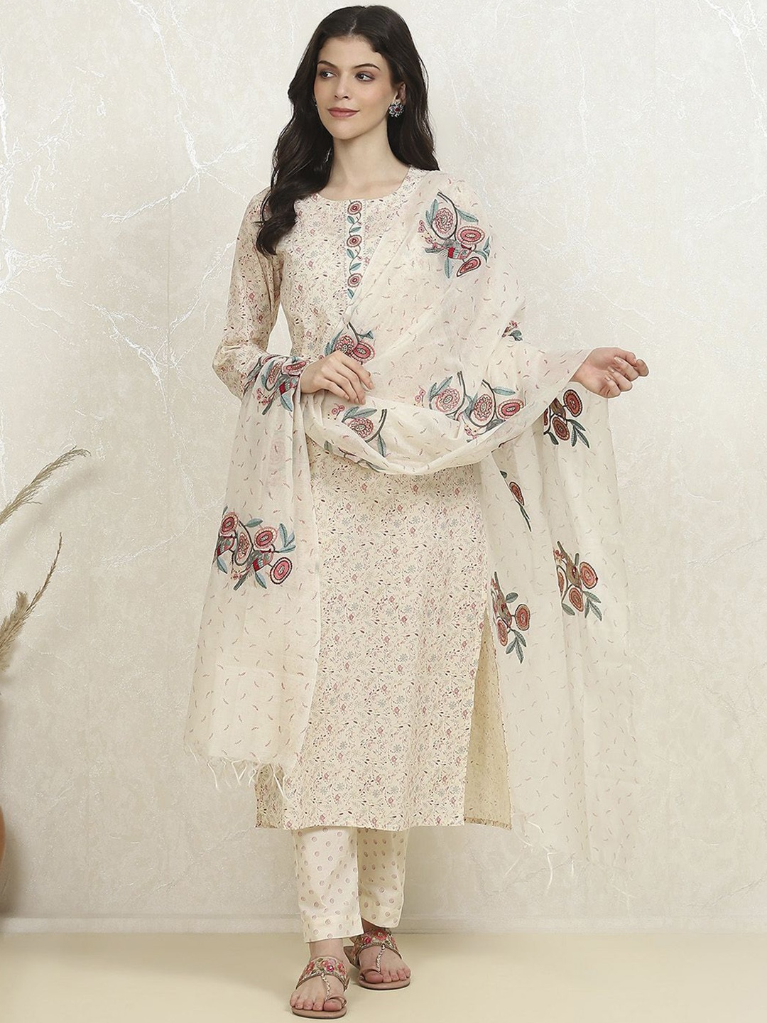 

Biba Floral Printed Thread Work Pure Cotton Unstitched Dress Material, White