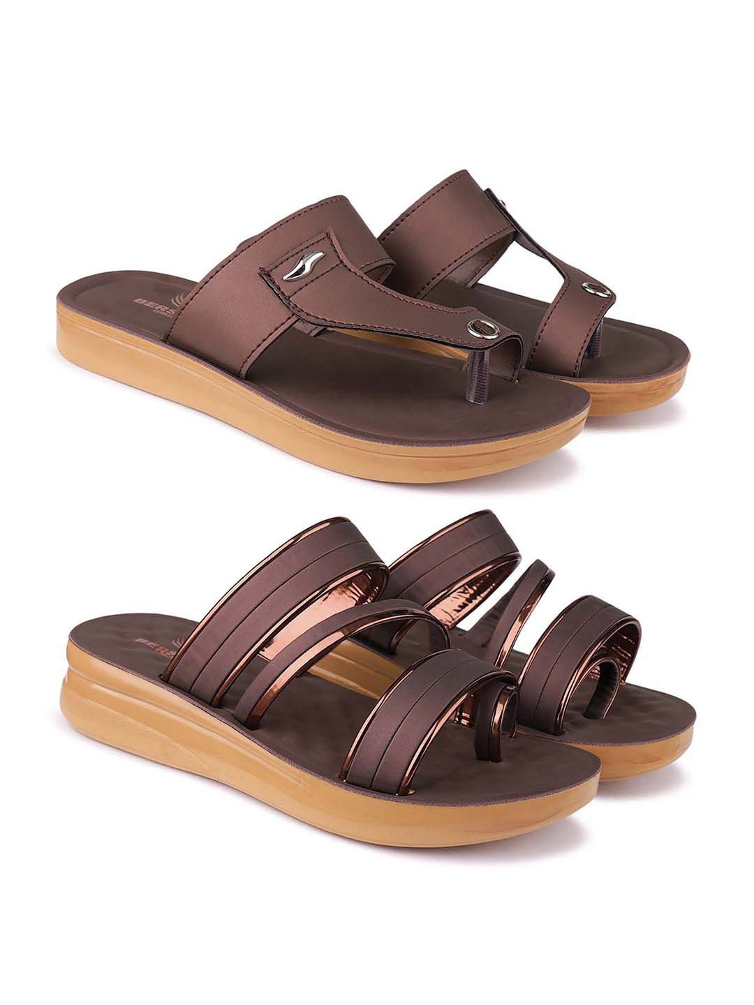 

BERSACHE Set Of 2 Ultra Soft Technology Open Toe Flats, Brown