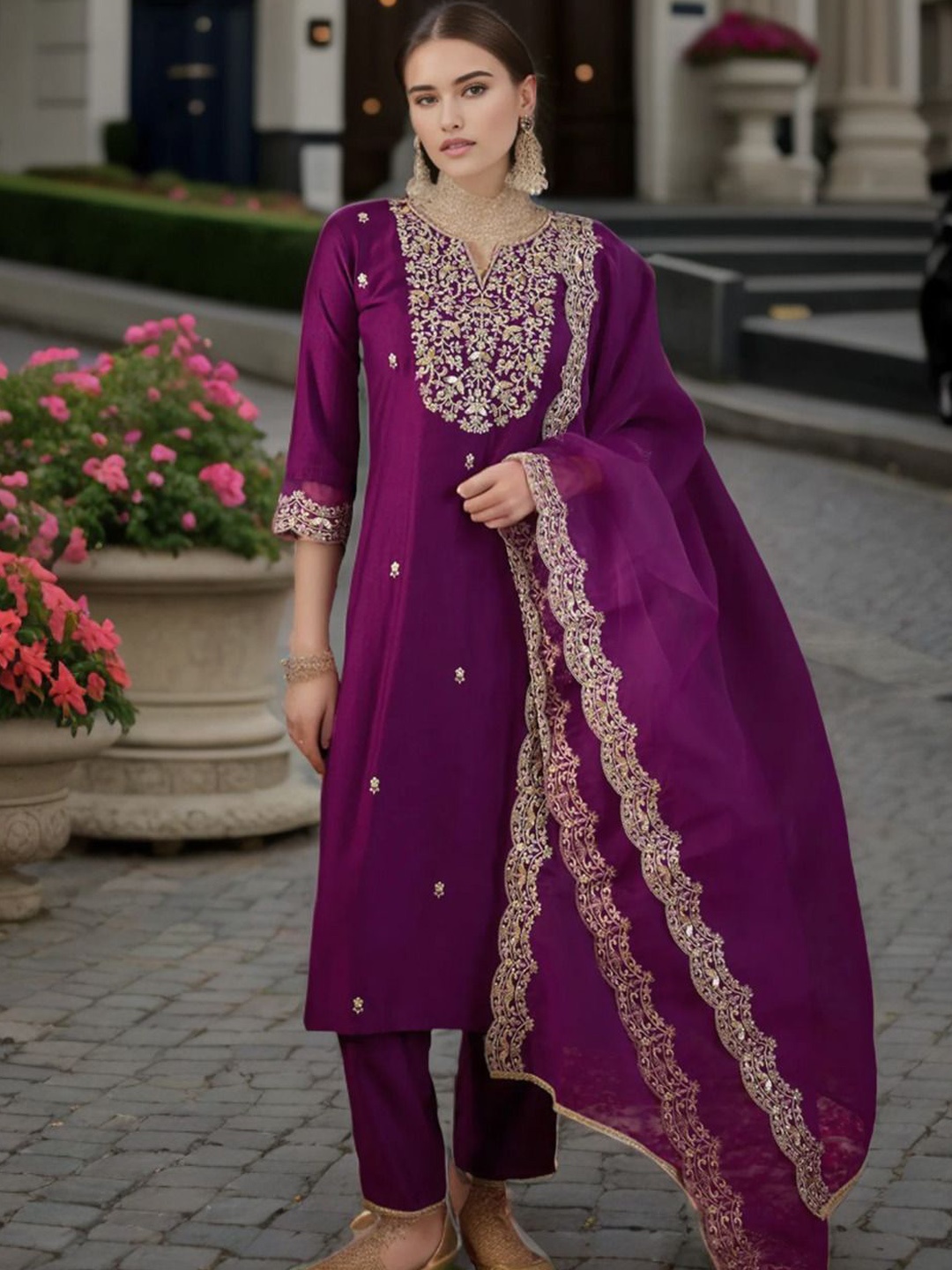 

KALINI Floral Sequinned Embroidered Notch Neck Chanderi Silk Kurta with Trousers & Dupatta, Purple