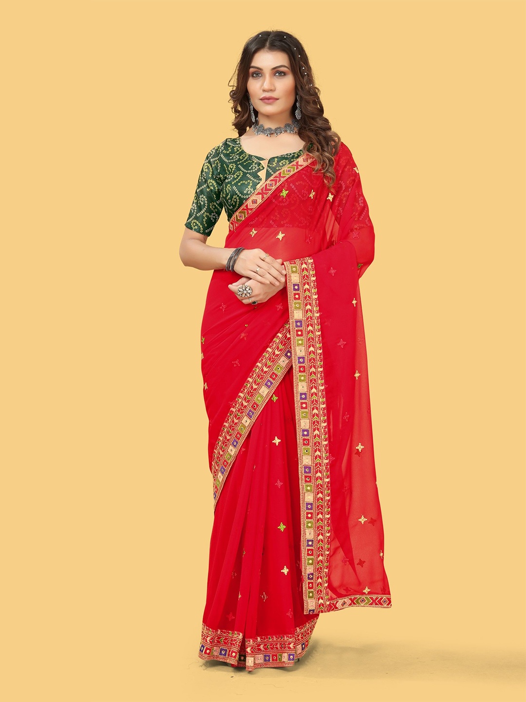 

Mitera Embellished Embroidered Poly Georgette Saree, Red