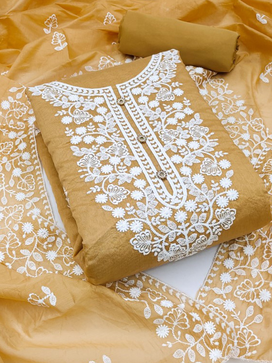 

Rangtulika Embroidered Thread Work Unstitched Dress Material, Yellow