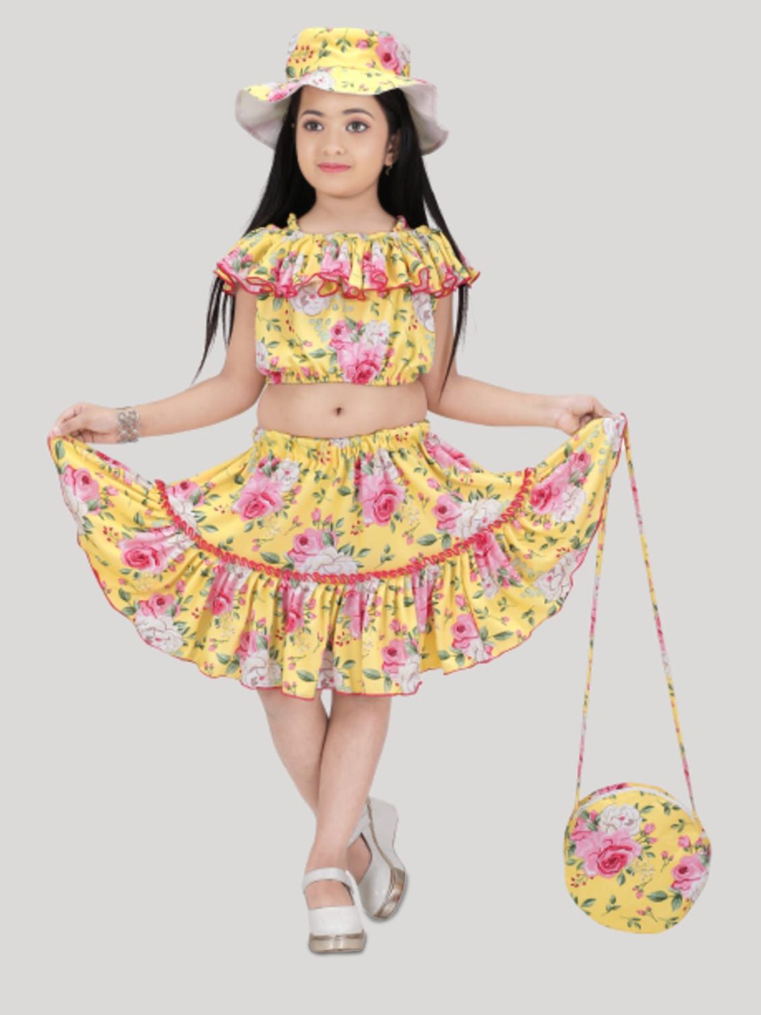 

ARK DRESSES Floral Print Off-Shoulder Cold-Shoulder A-Line Midi Dress, Yellow