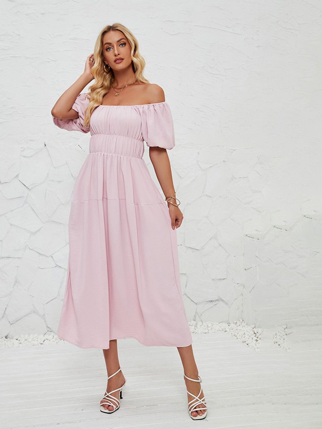

JC Mode Off-Shoulder Fit & Flare Midi Dress, Pink