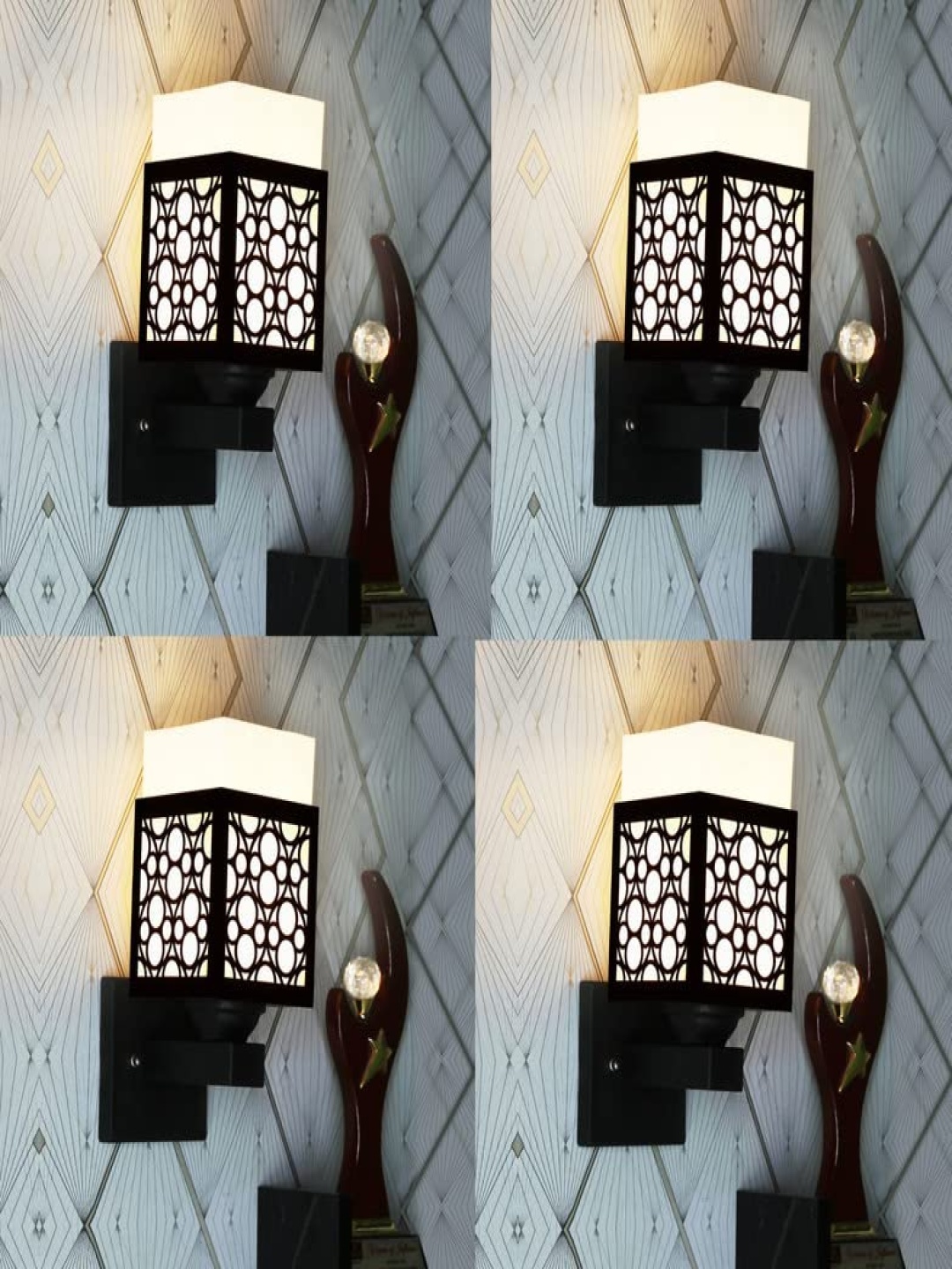 

Gojeeva Black & White 4 Pieces Textured Wooden Square Shaped Wall Lamps