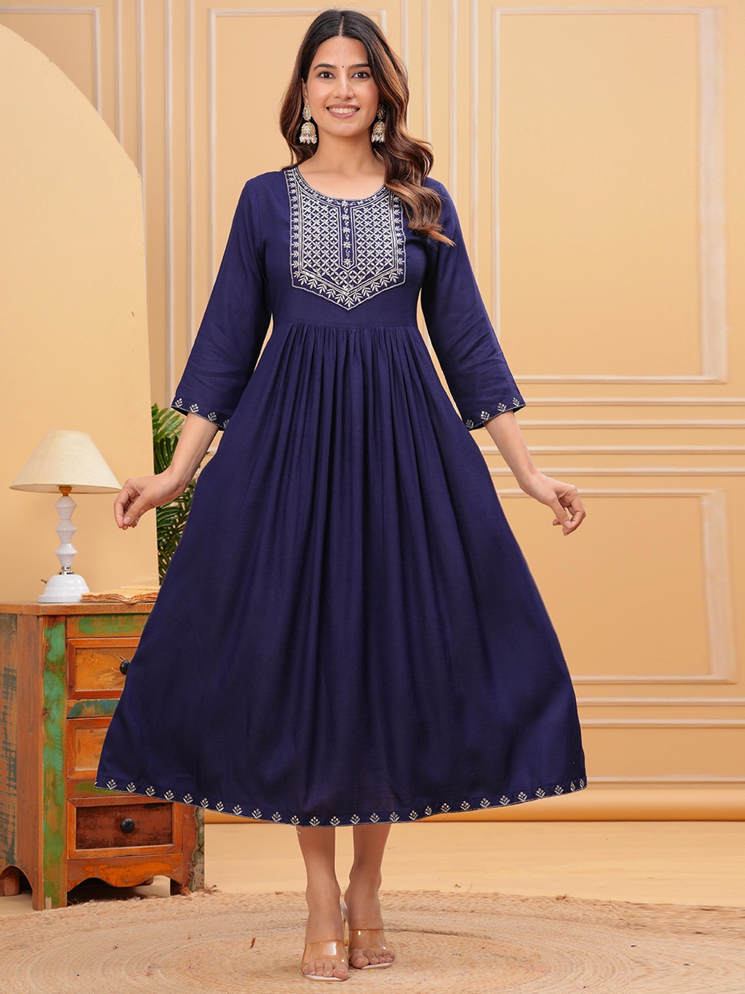

KALINI Floral Embroidered Round Neck Fit & Flare Ethnic Dress, Blue