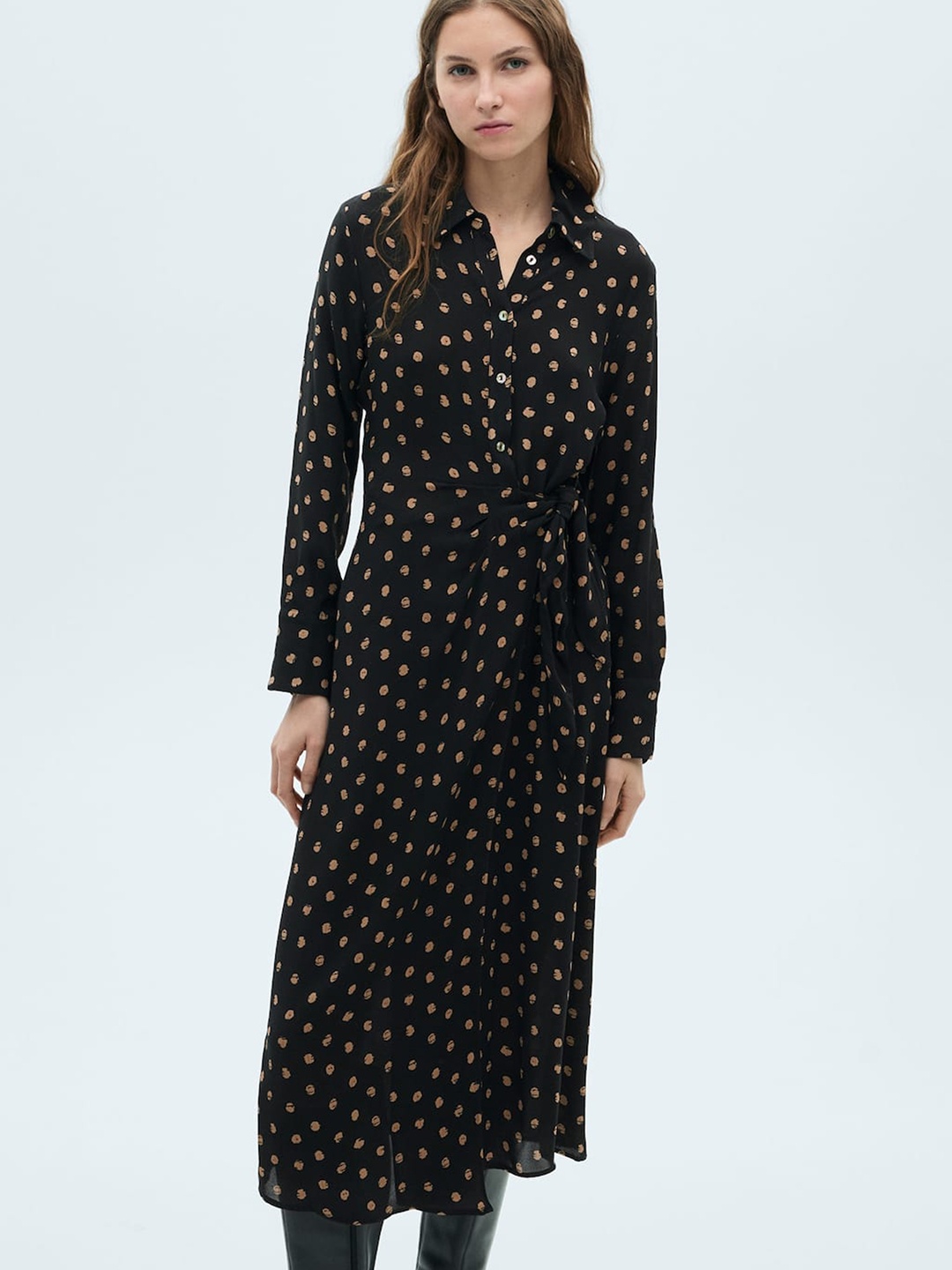 

MANGO Polka Dot Print Knot Detail A-Line Midi Dress, Black