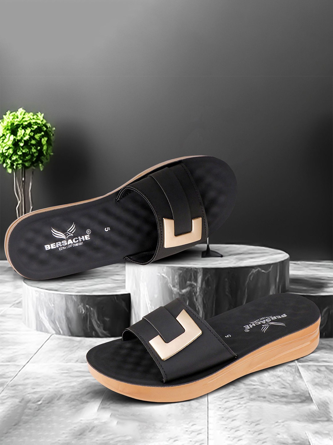 

BERSACHE Women Set Of 2 Open Toe Flats, Black