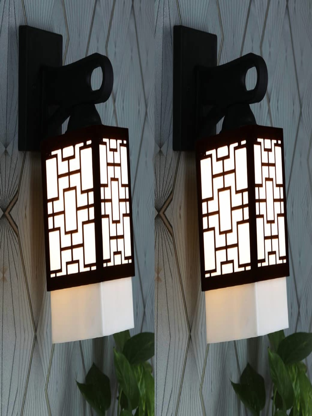 

Gojeeva Black & White 2 Pieces Textured Wooden Rectangle Shaped Wall Lamps