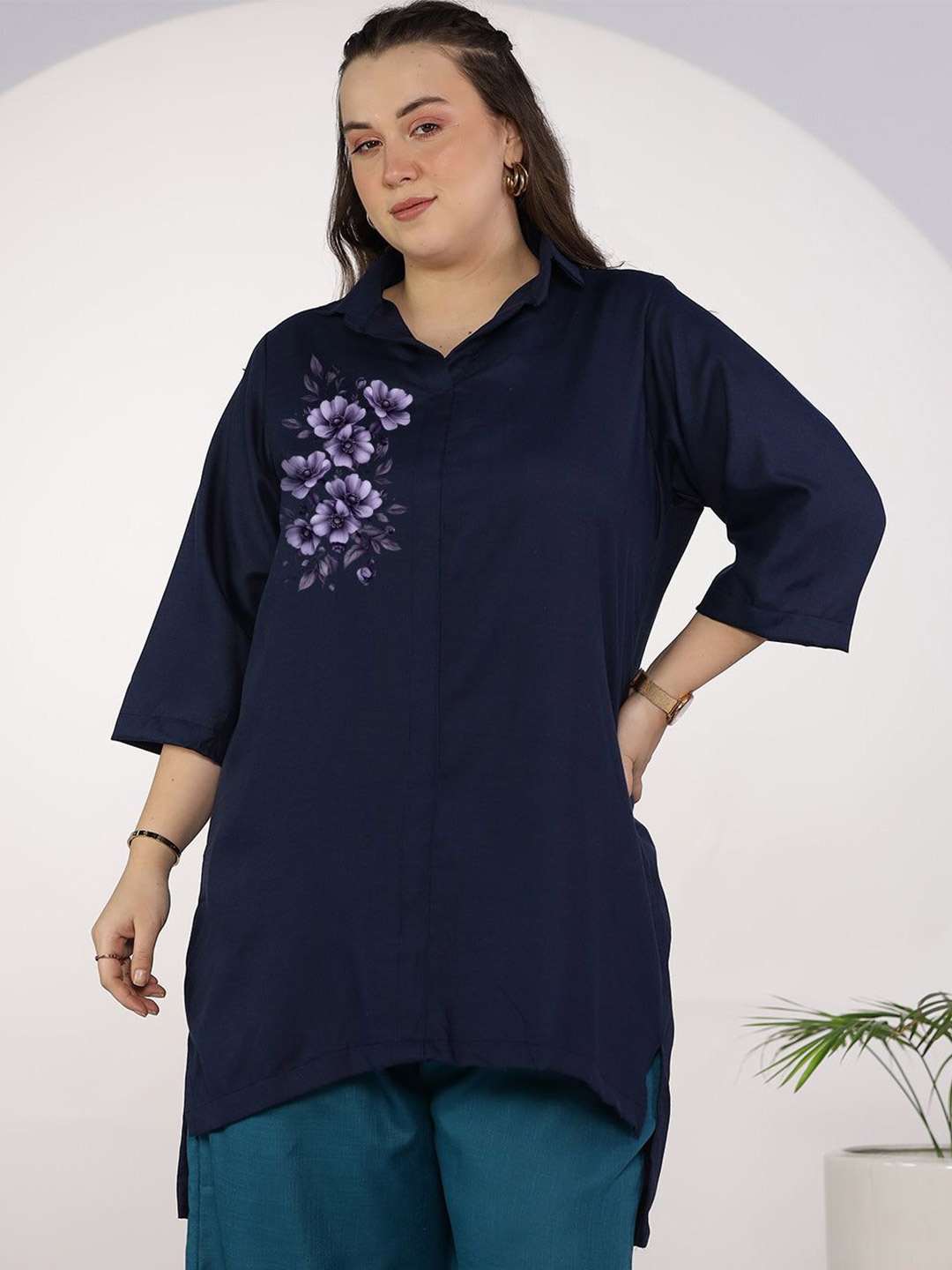 

LetsDressUp Women Cotton Navy Blue Printed Slub Shirt Top With Orchid Glow