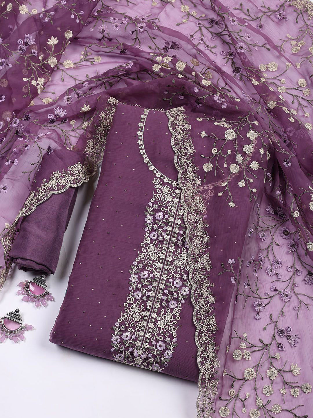 

Meena Bazaar Floral Embroidered Sequinned Organza Unstitched Dress Material, Purple