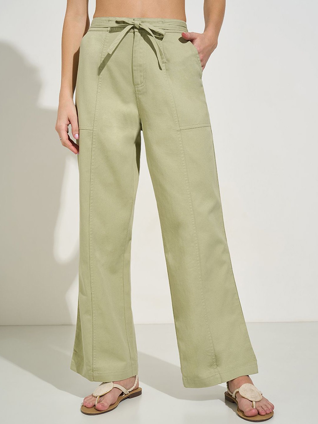 

Honey by Pantaloons Women Flared High-Rise Cotton Bootcut Trousers, Olive