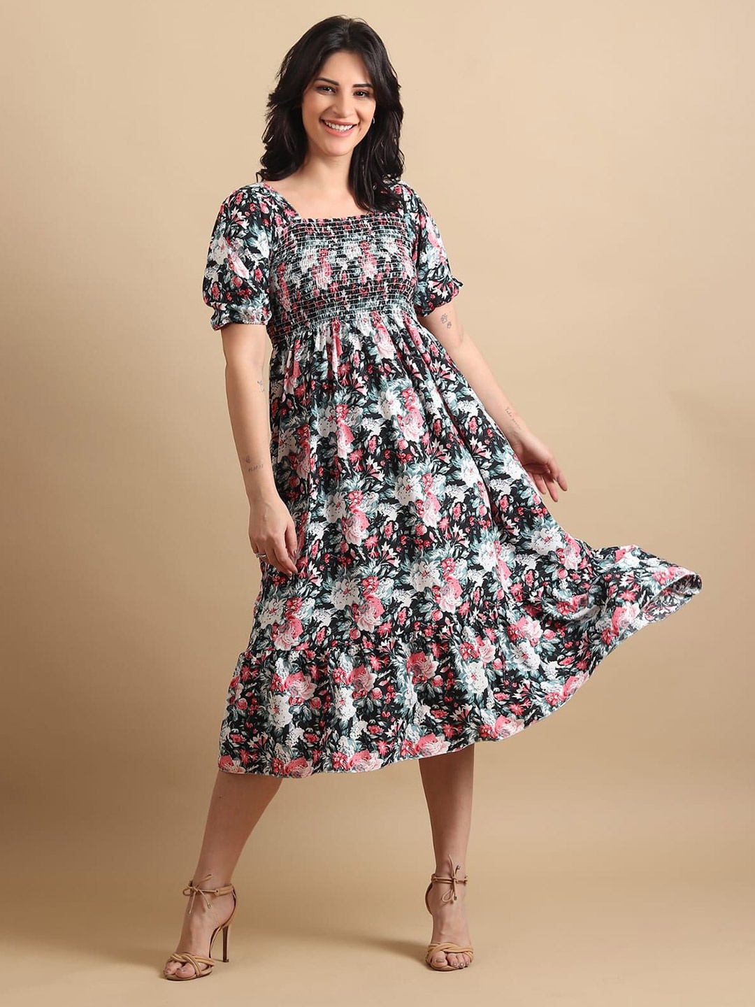 

CROWN CREATION Floral Print Puff Sleeve Crepe Fit & Flare Midi Dress, Black