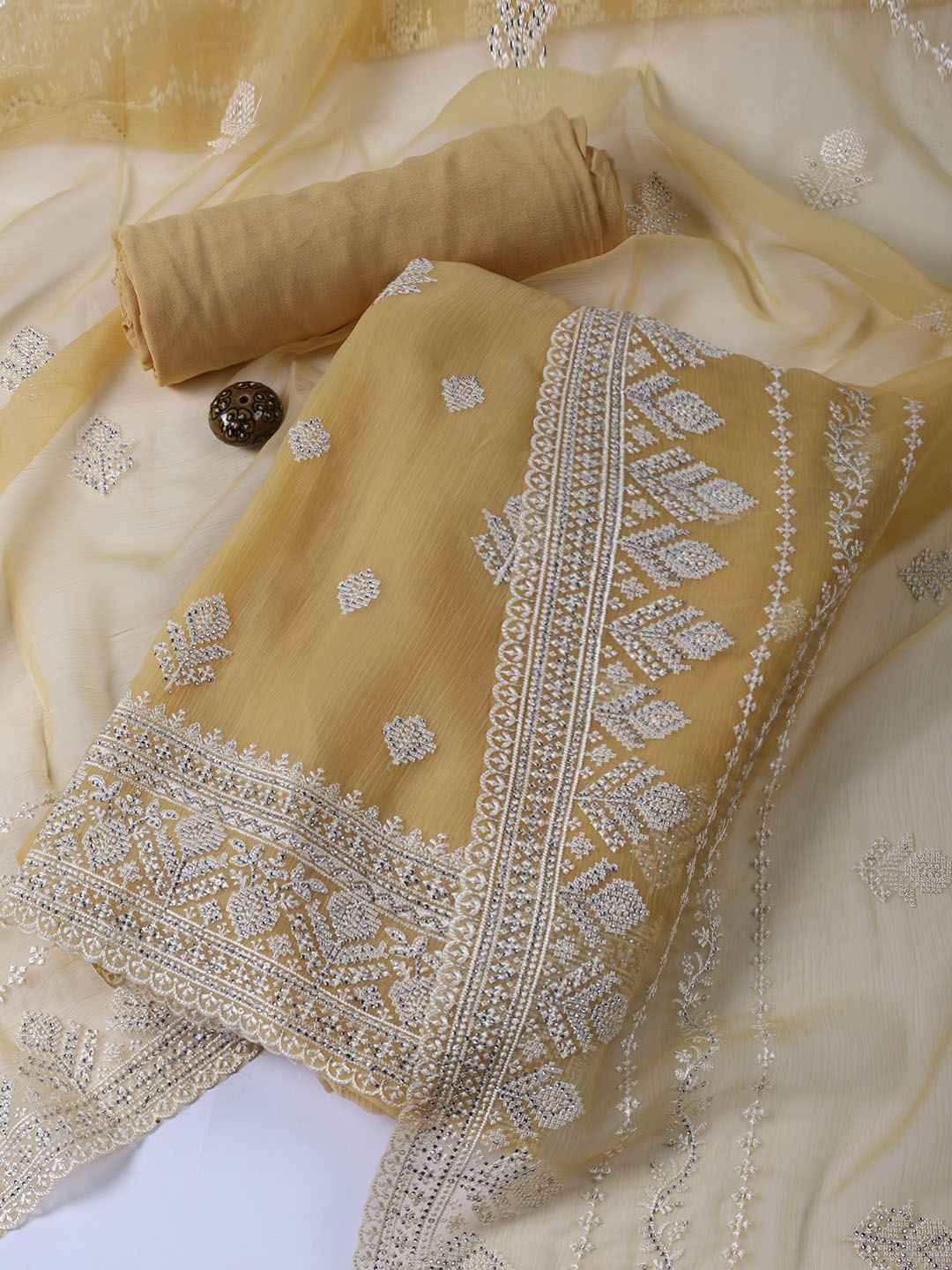 

Meena Bazaar Embroidered Organza Unstitched Dress Material, Yellow