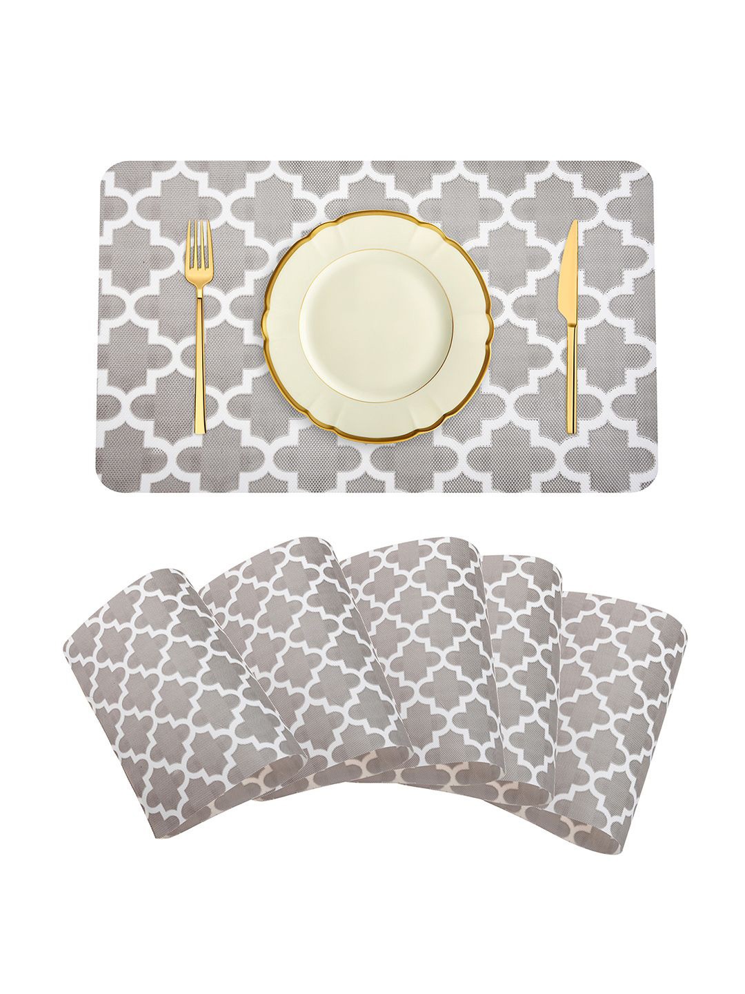

Kuber Industries Grey & White 6 Pieces Hexagon-Design Rectangle Shaped Table Placemats