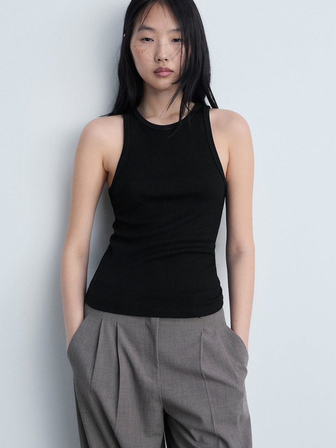 

MANGO Fine Ribbed Knit Tank Top, Black
