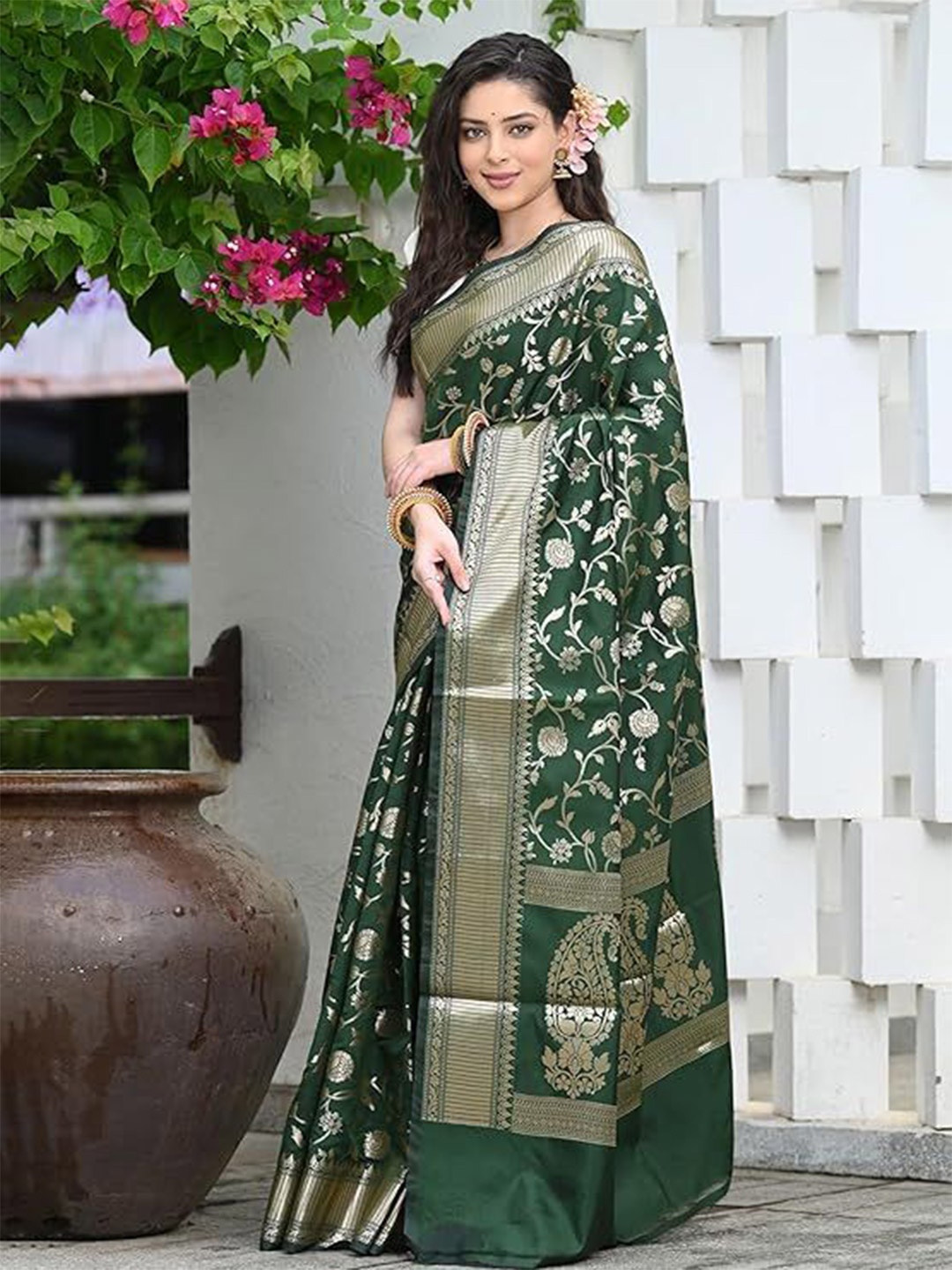 

Florence Woven Design Zari Pure Silk Kanjeevaram Saree, Green