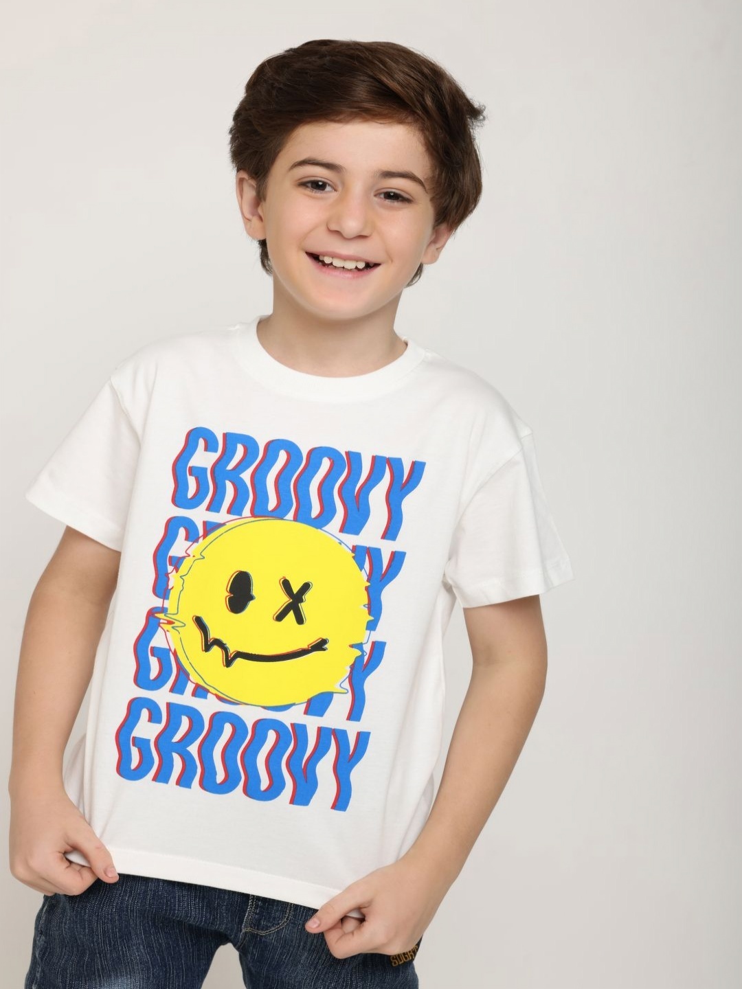 

Wakai Boys Printed Organic Cotton Applique T-shirt, Off white